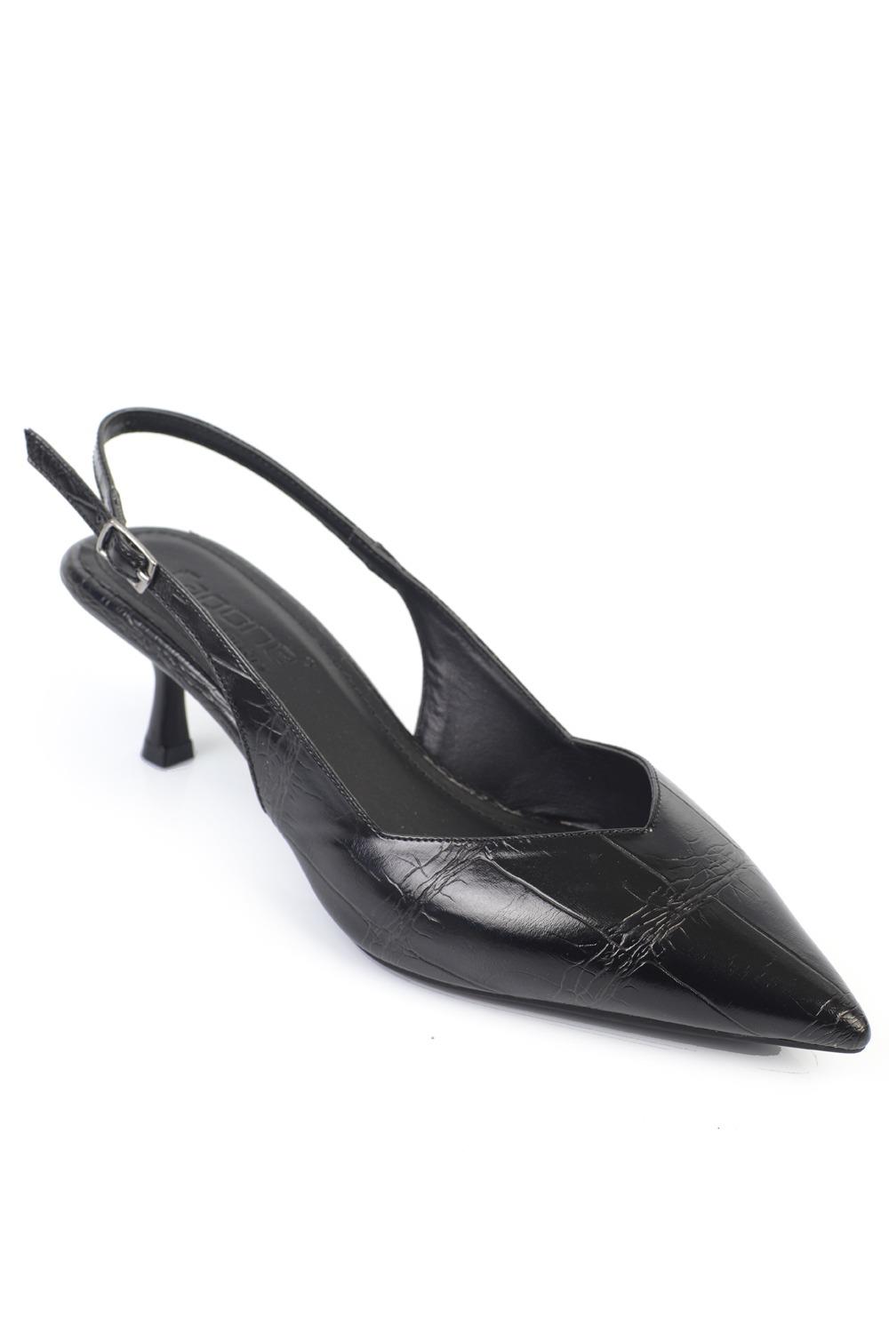 Capone Yoko  Croc Effect Pointed Toe Slingback Mid Heel Women Black Shoe