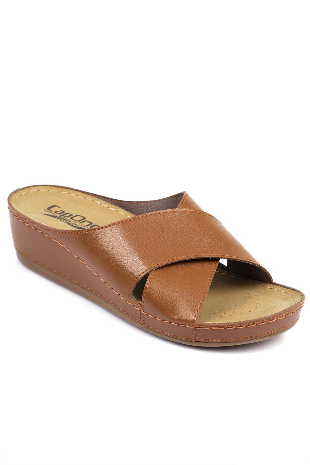 Capone Z0521 Women Tan Cross Band Slide Comfort Anatomical Sandals