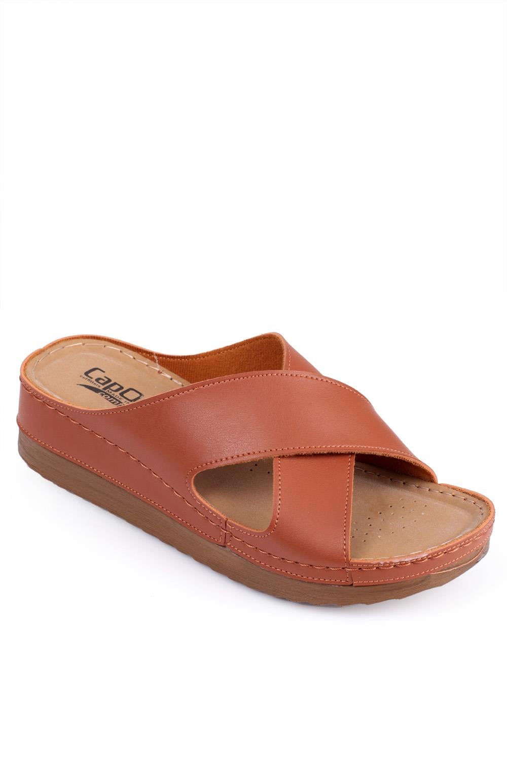 Capone Z0632 Women Tan Slide Comfort Anatomical Cross Band Sandals