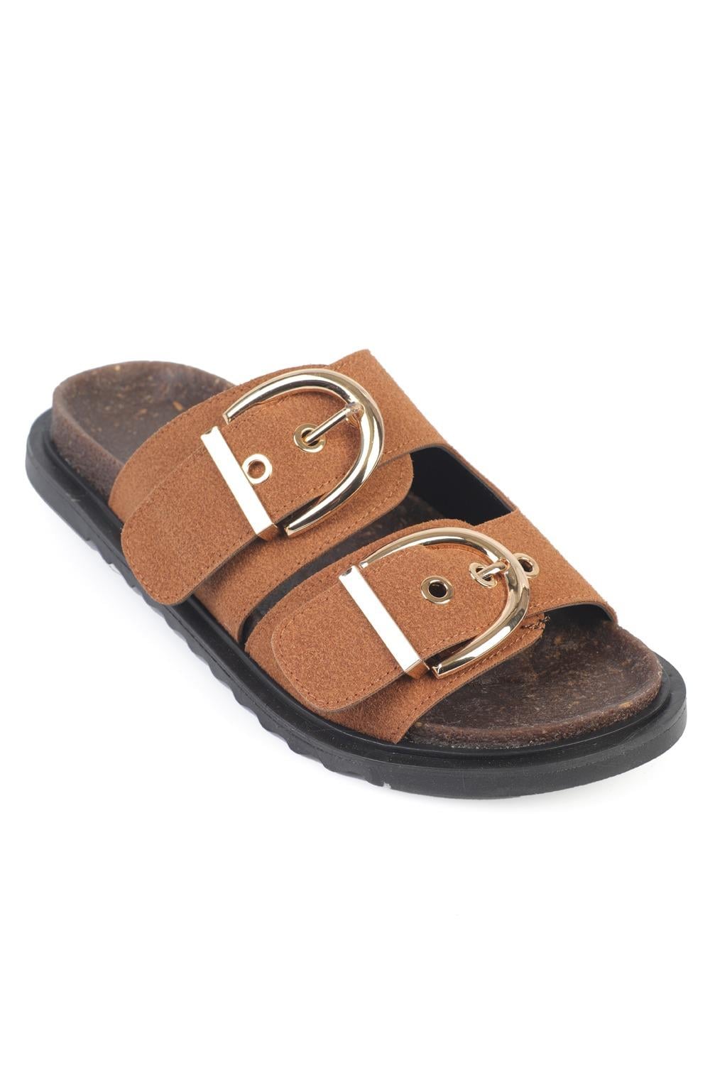 Capone  Zelda Flat Heel Metal Buckle Comfort Women Tan Sandal