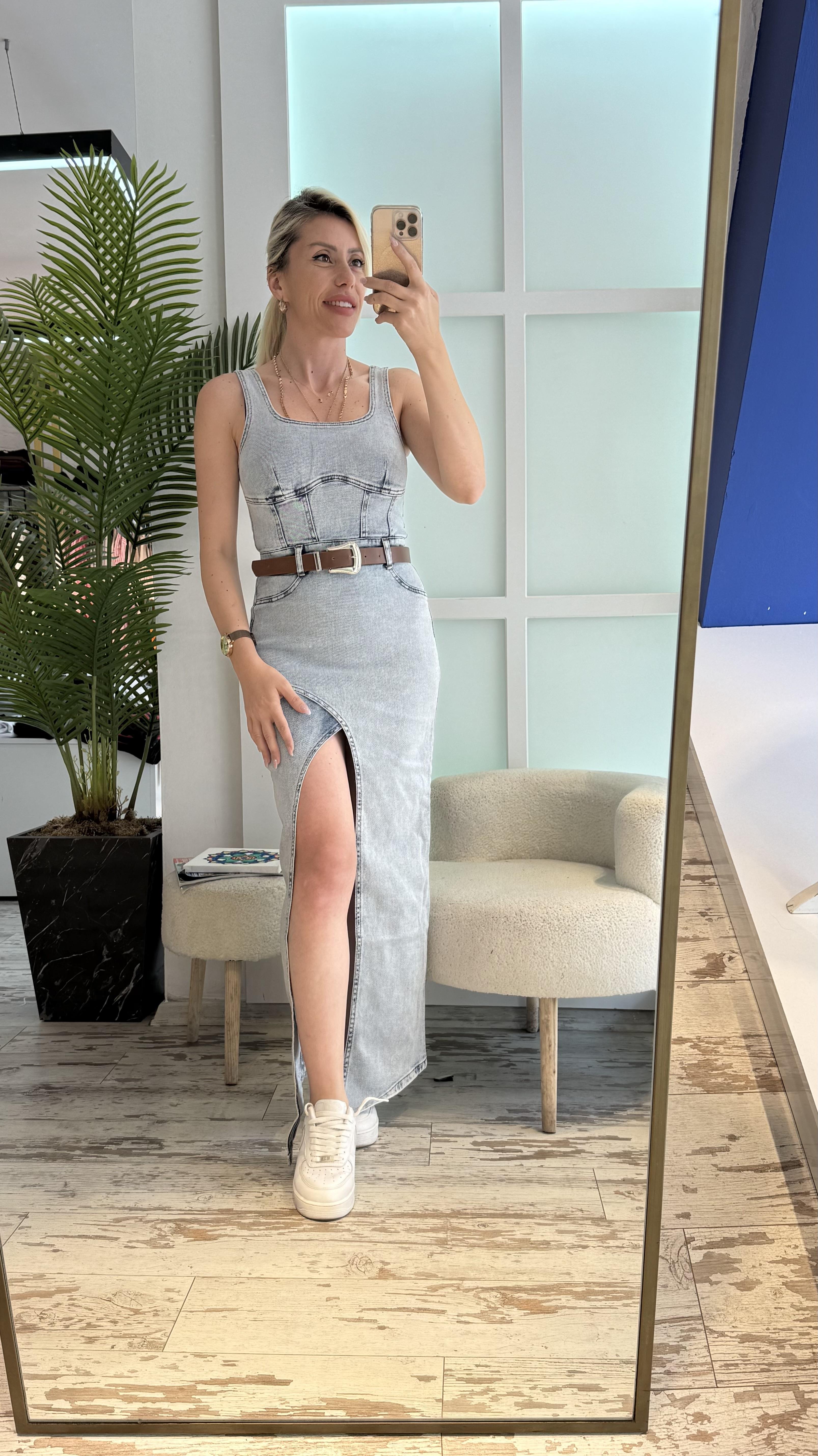 AMARİS ASİMETRİK BUZ MAVİSİ KOT ELBİSE