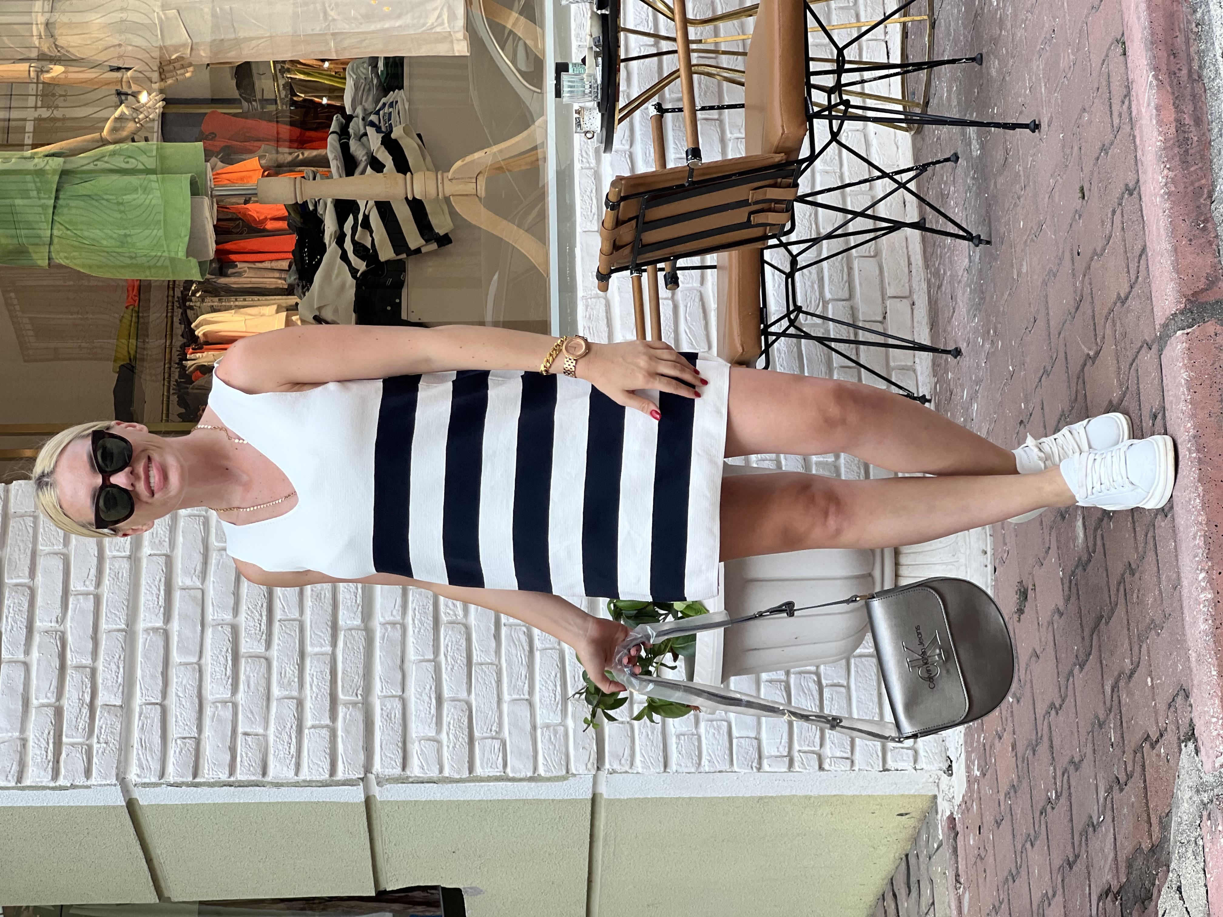 STRIPED BEYAZ LACİVERT MARKA TRİKO ELBİSE 