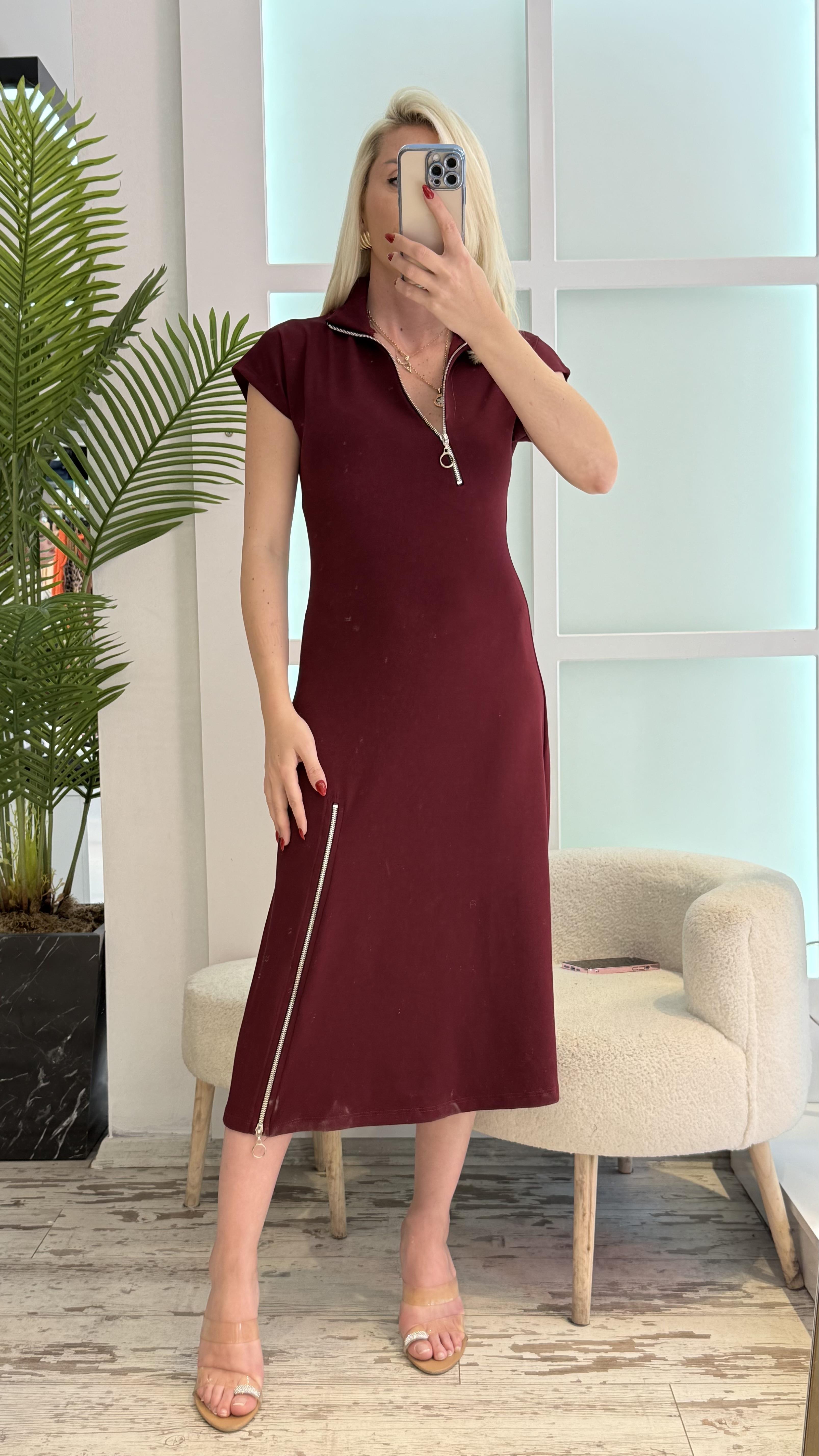 BORDO FERMUAR DETAYLI ELBİSE