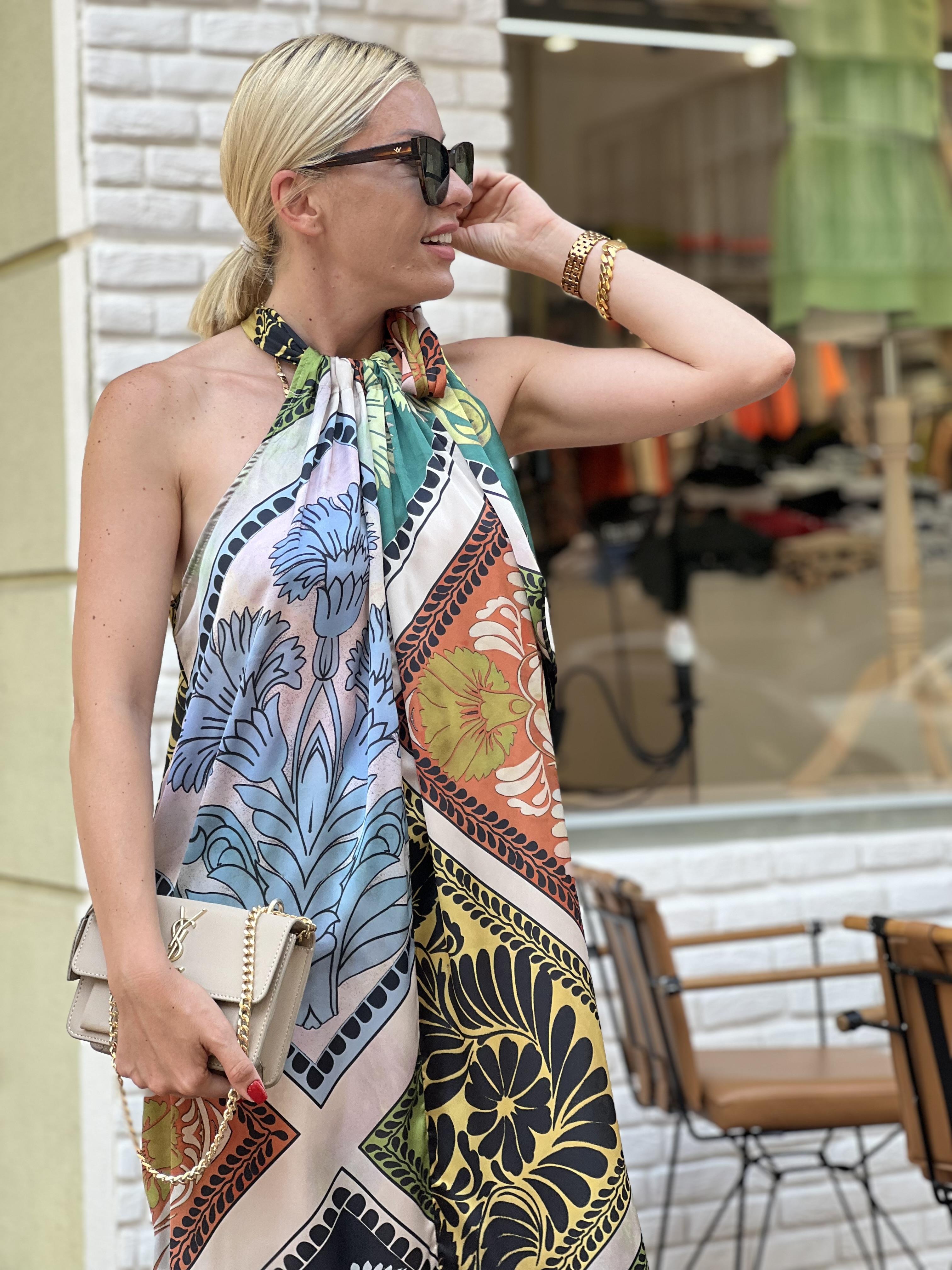 PATTERNED BOYUNDAN BAĞLAMALI RENKLİ ELBİSE 