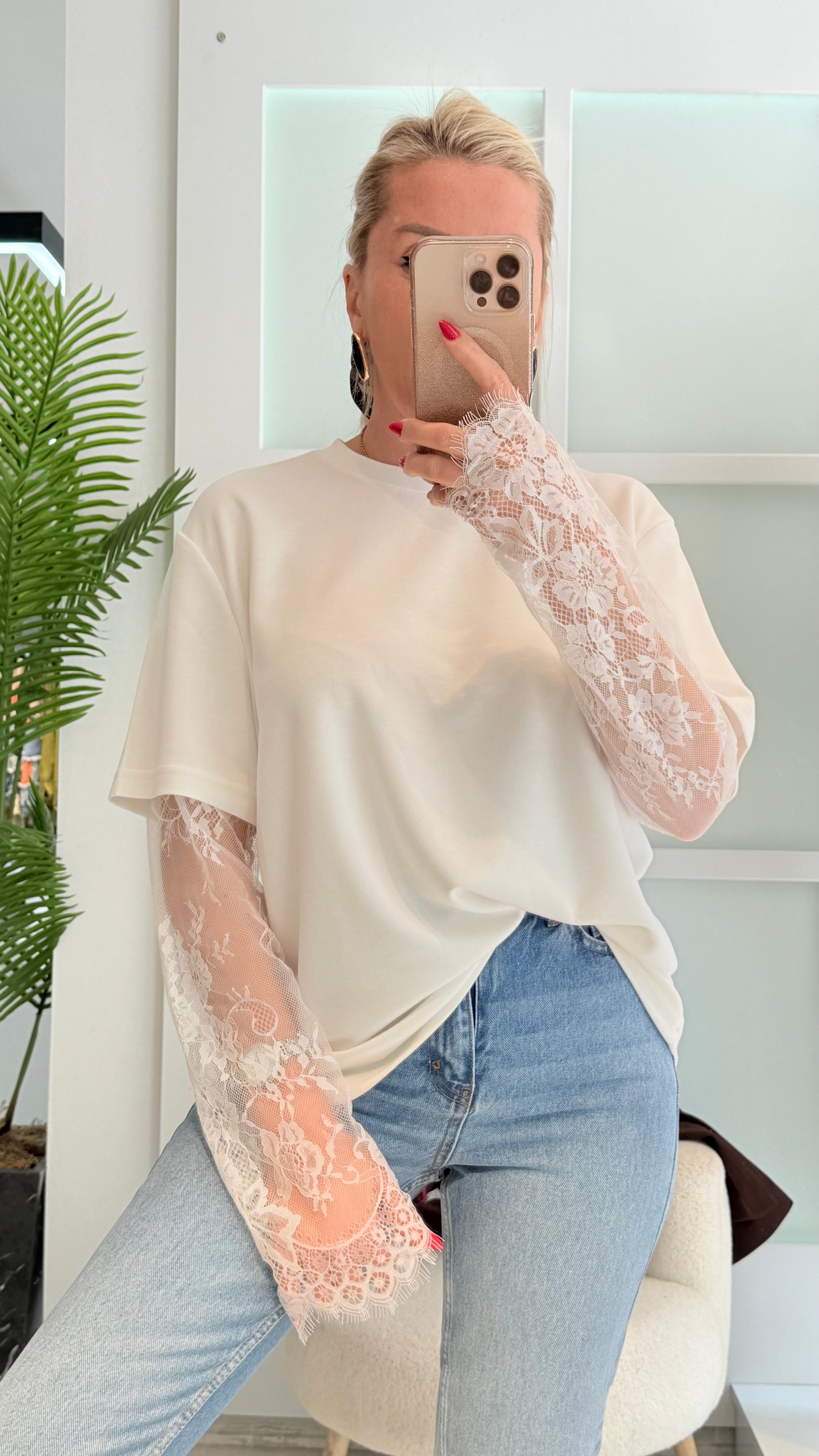 BULYY BEYAZ DANTEL KOL TSHRT 
