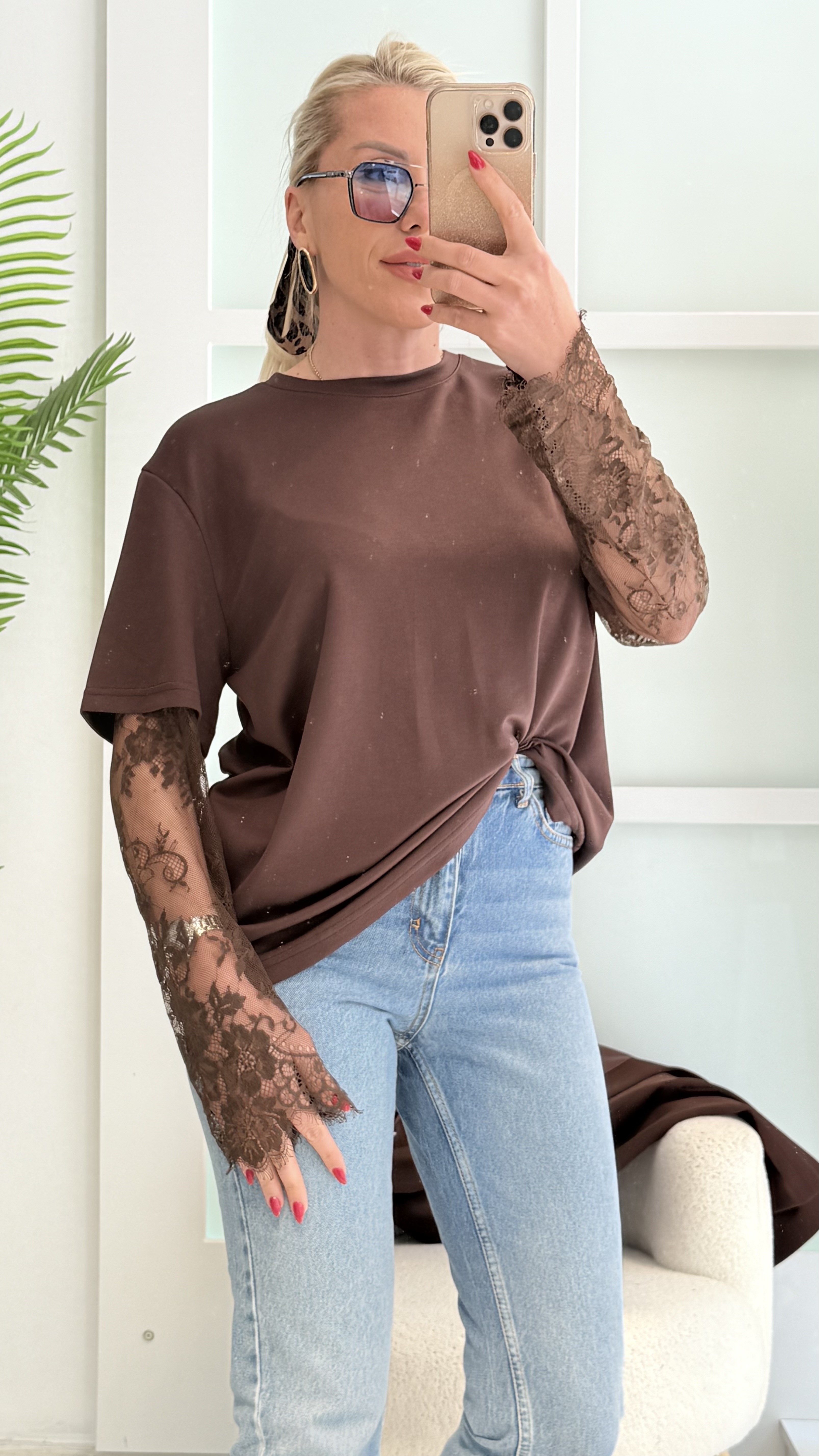 BULYY KAHVERENGİ DANTEL KOL TSHRT 