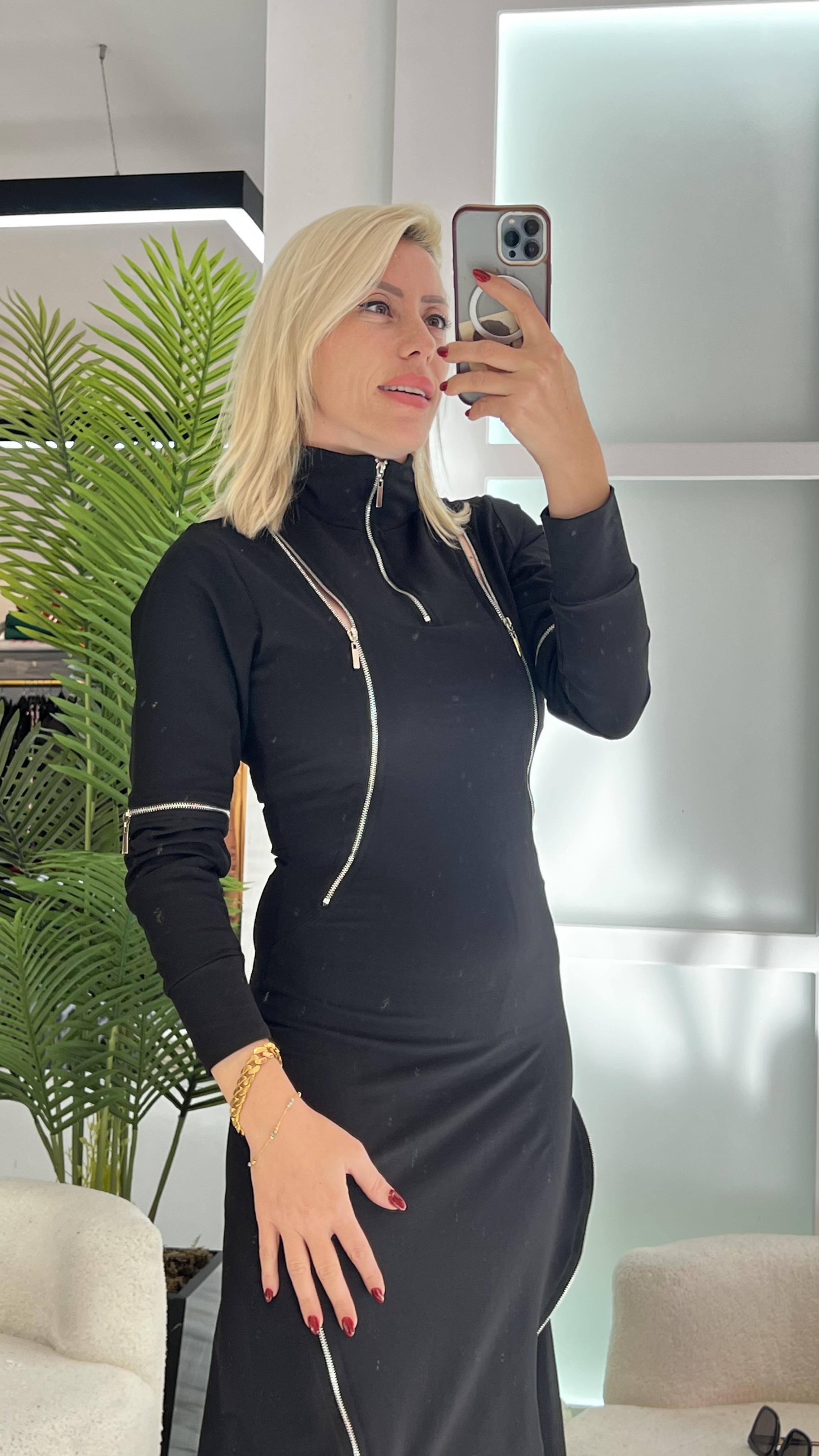 FOX FERMUAR DETAYLI SİYAH ELBİSE