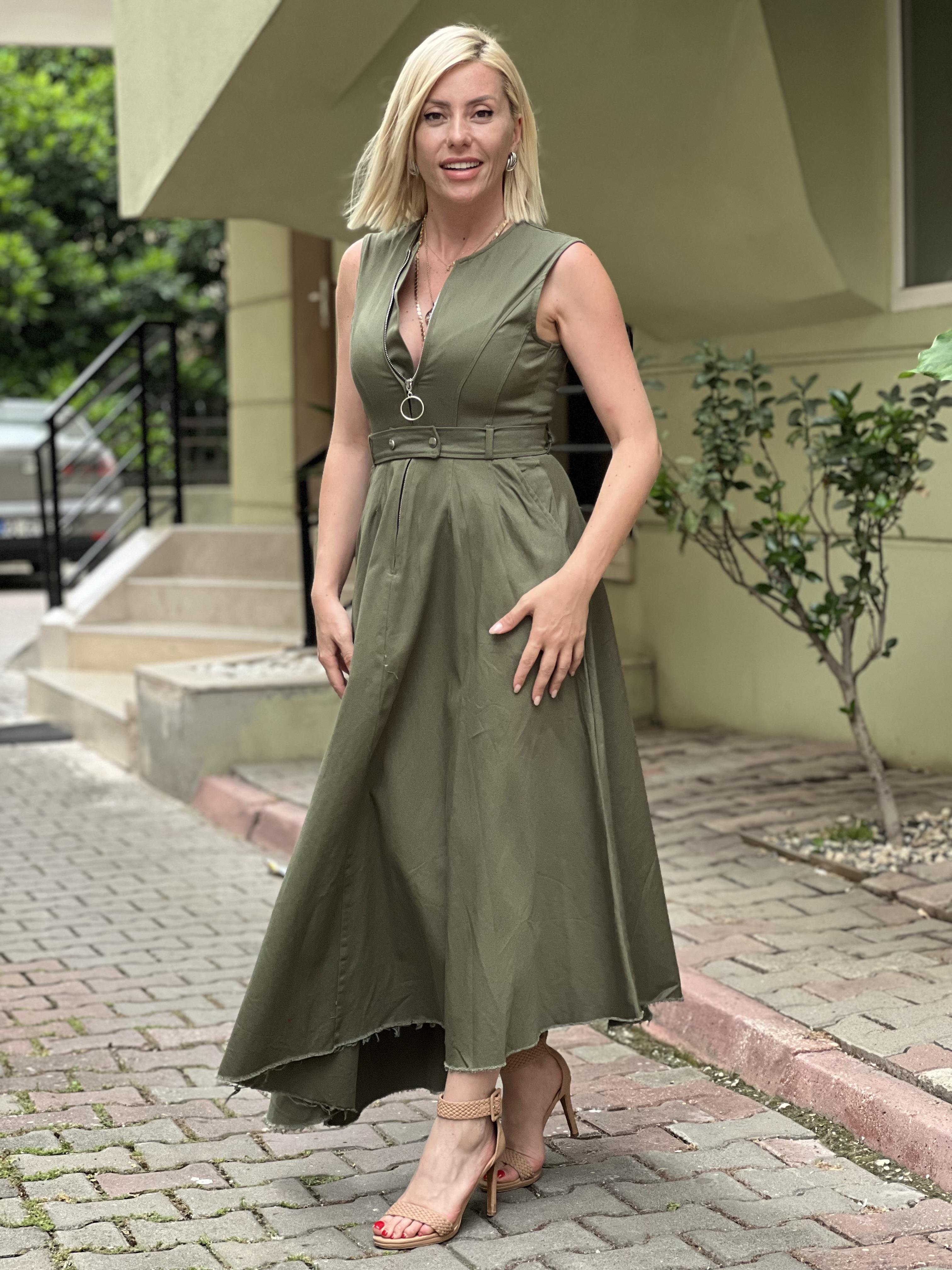 GABARDİN YEŞİL UZUN ELBİSE 