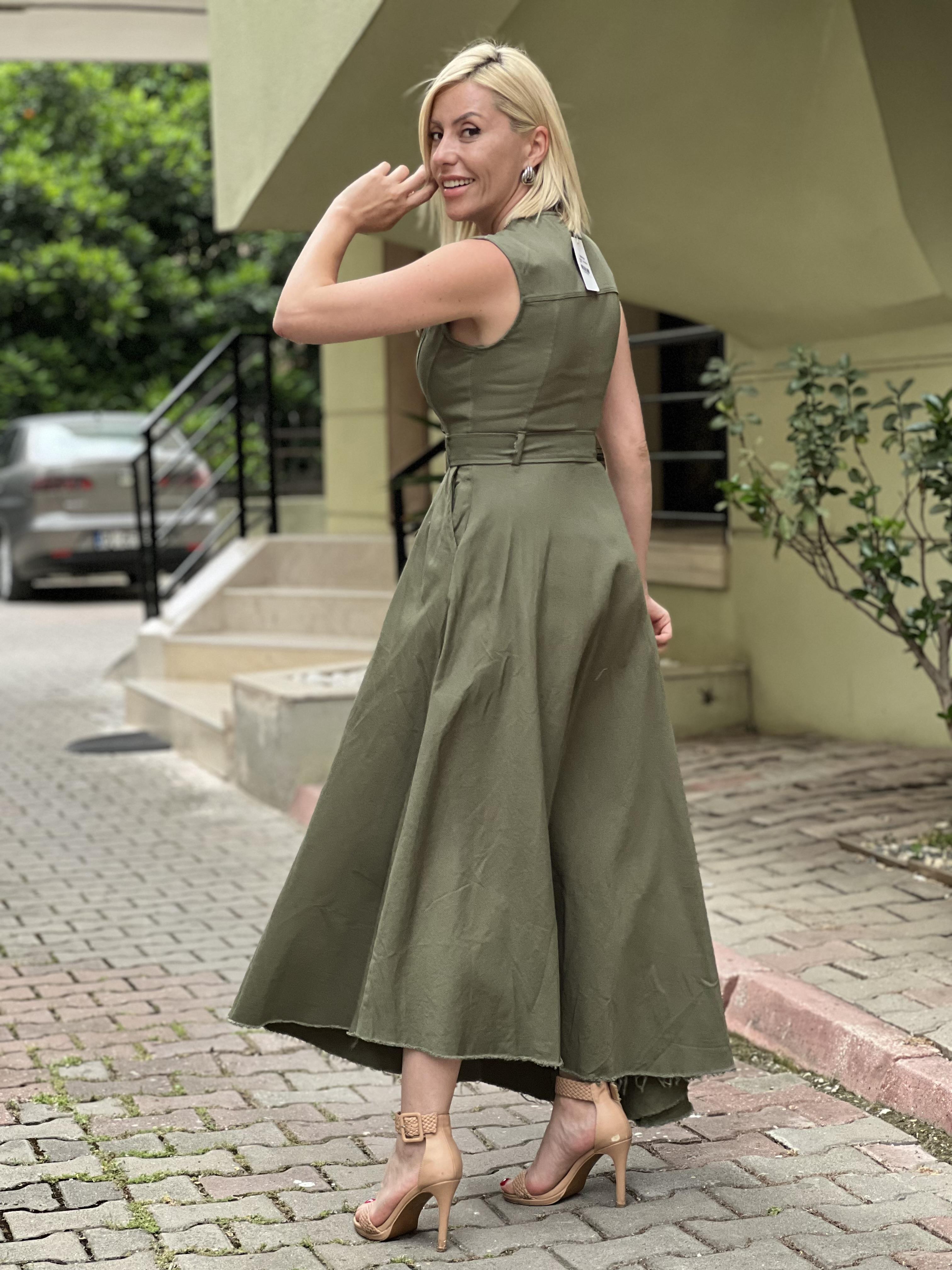 GABARDİN YEŞİL UZUN ELBİSE 