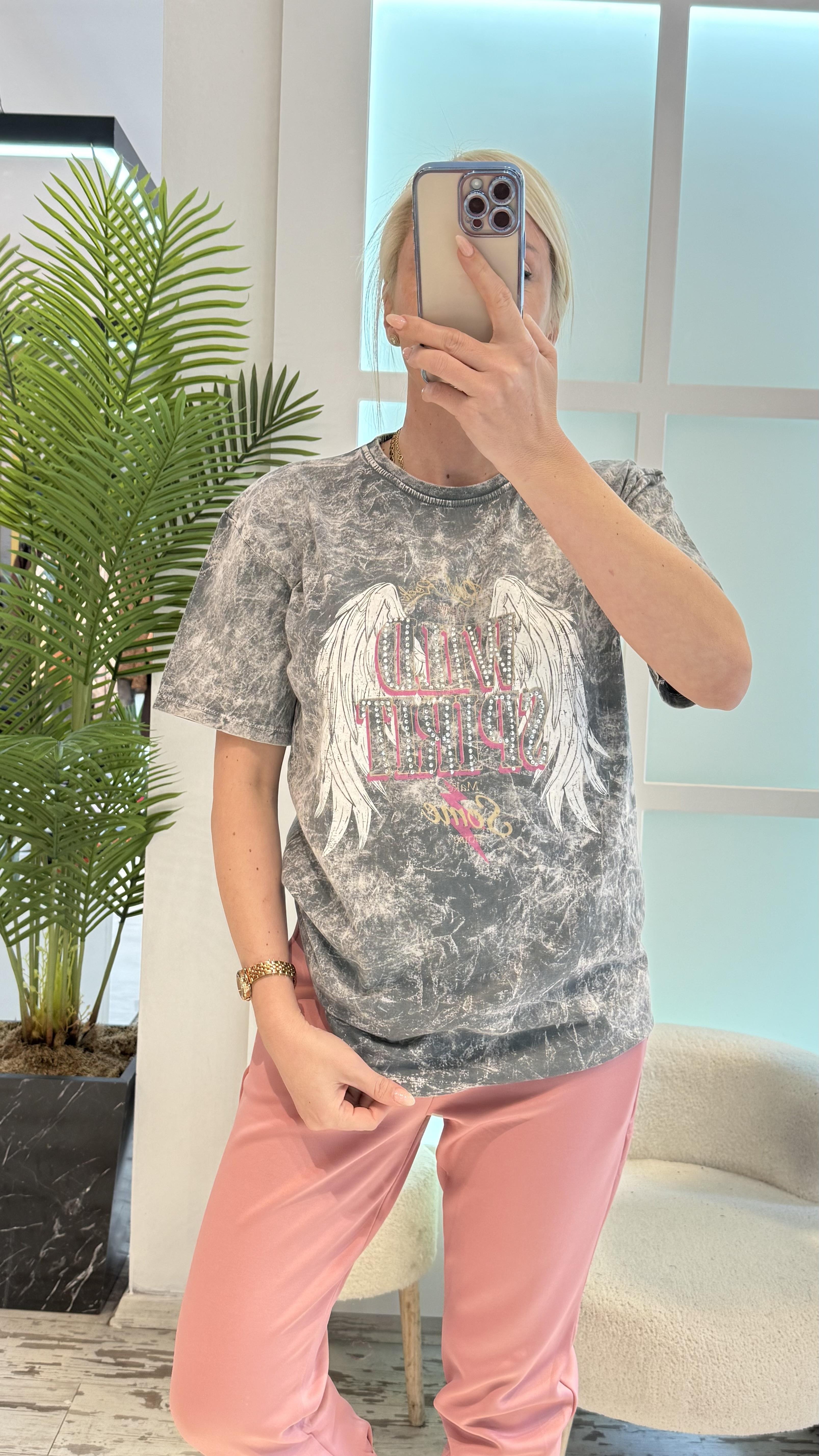 GRİ YIKAMA DETAY TSHIRT