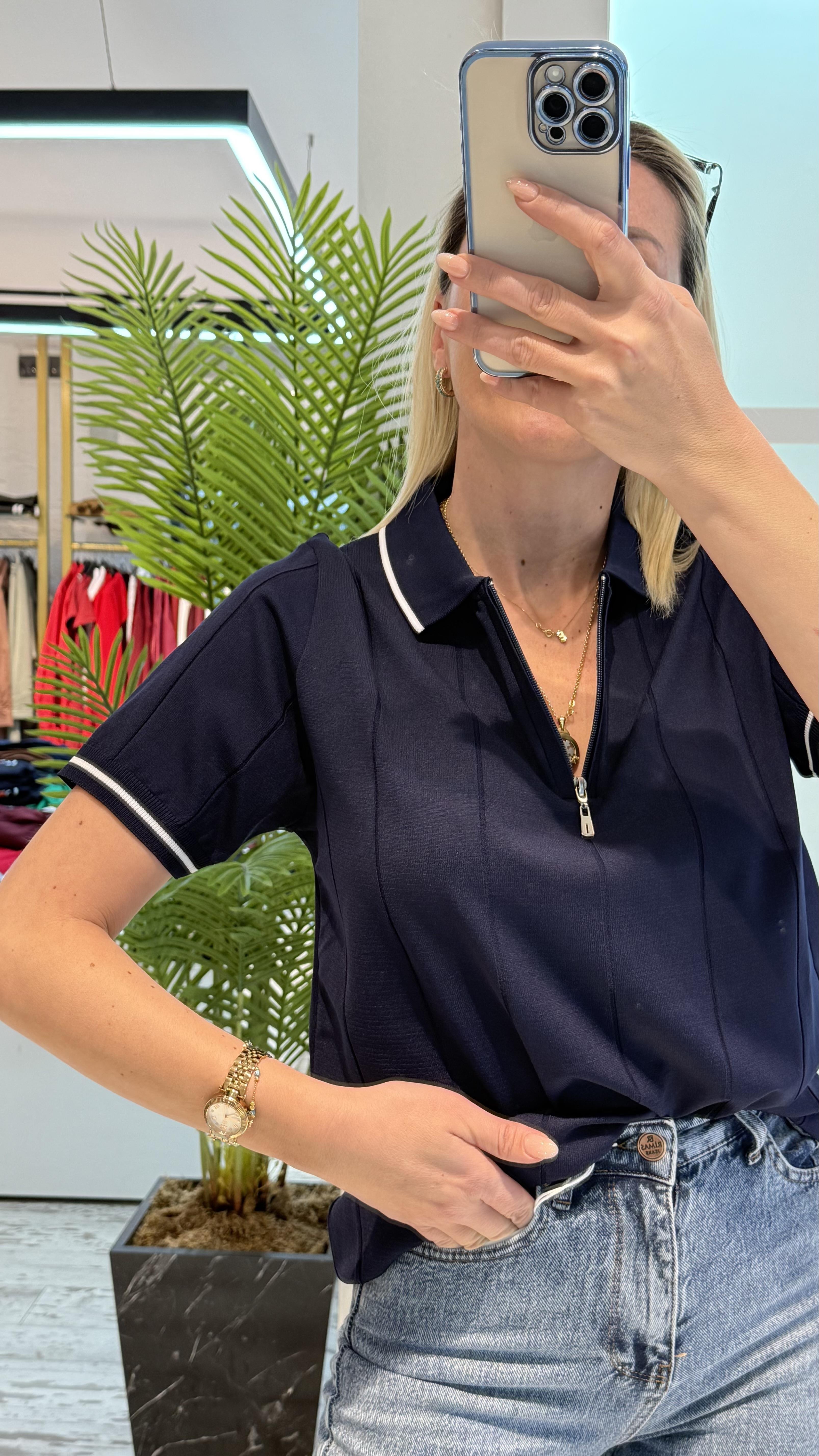 LACİVERT FERMUAR DETAYLI TRİKO TSHİRT