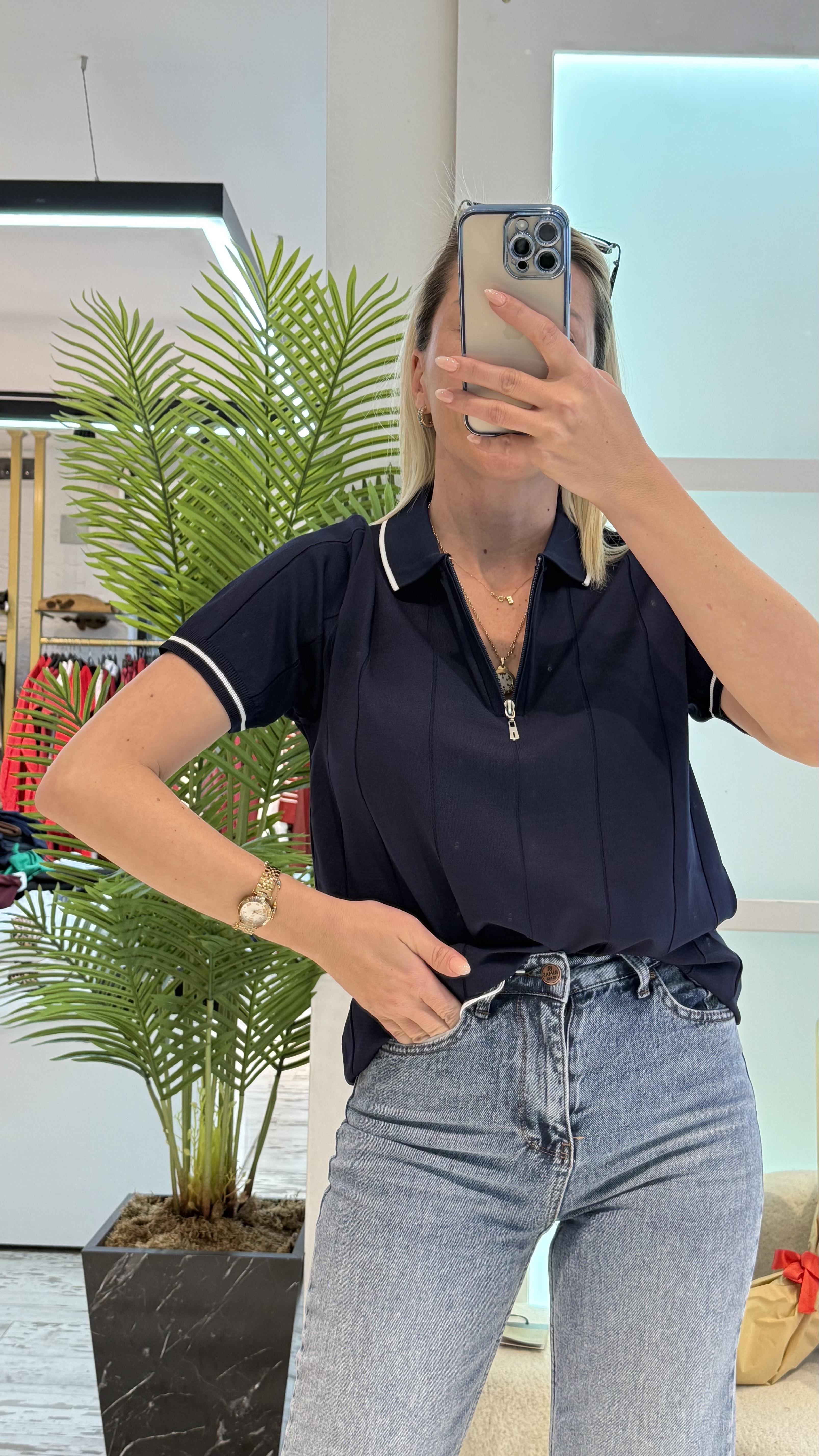 LACİVERT FERMUAR DETAYLI TRİKO TSHİRT