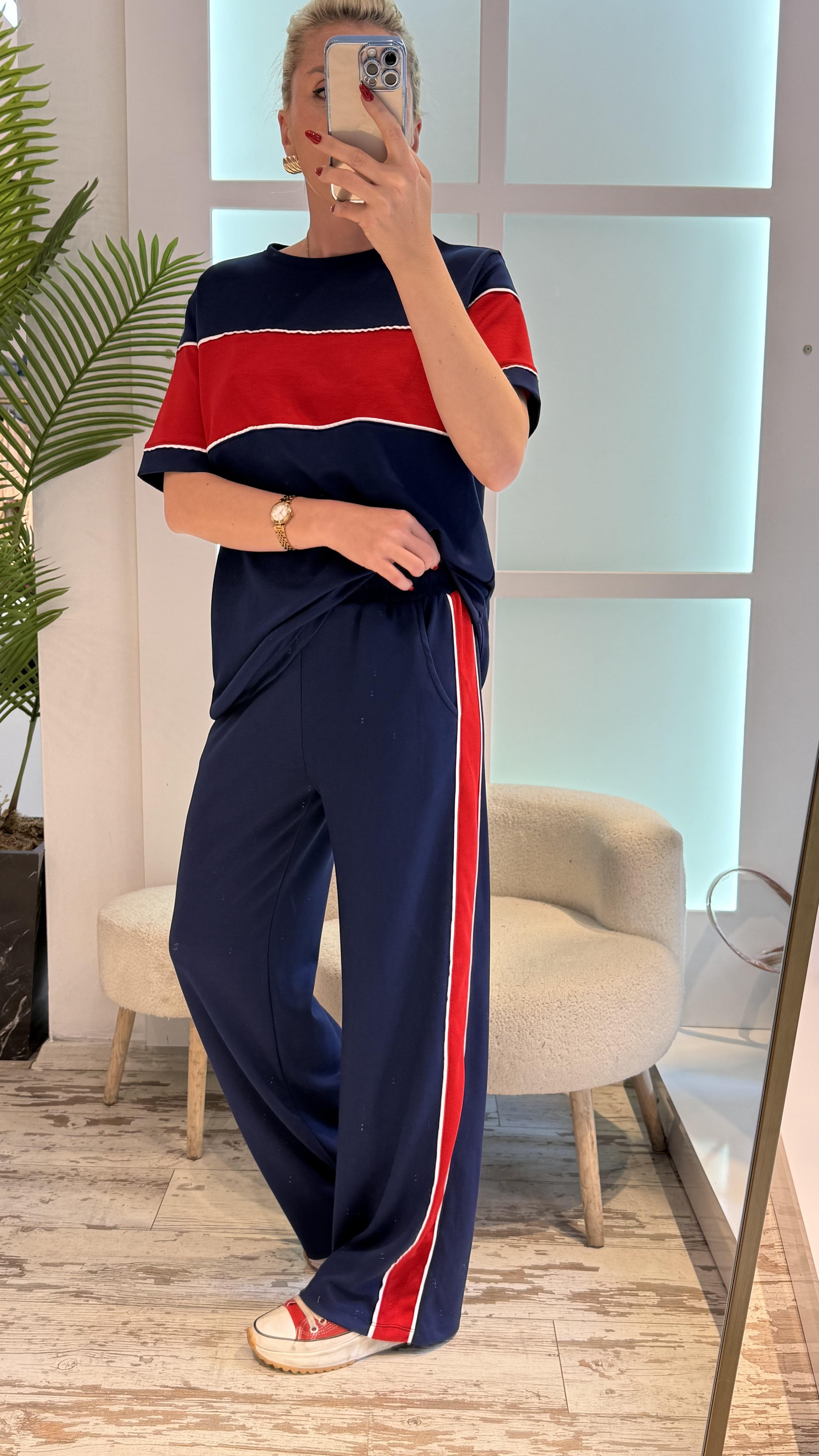 LACİVERT KIRMIZI ŞERİTLİ EŞOFMAN TAKIMI