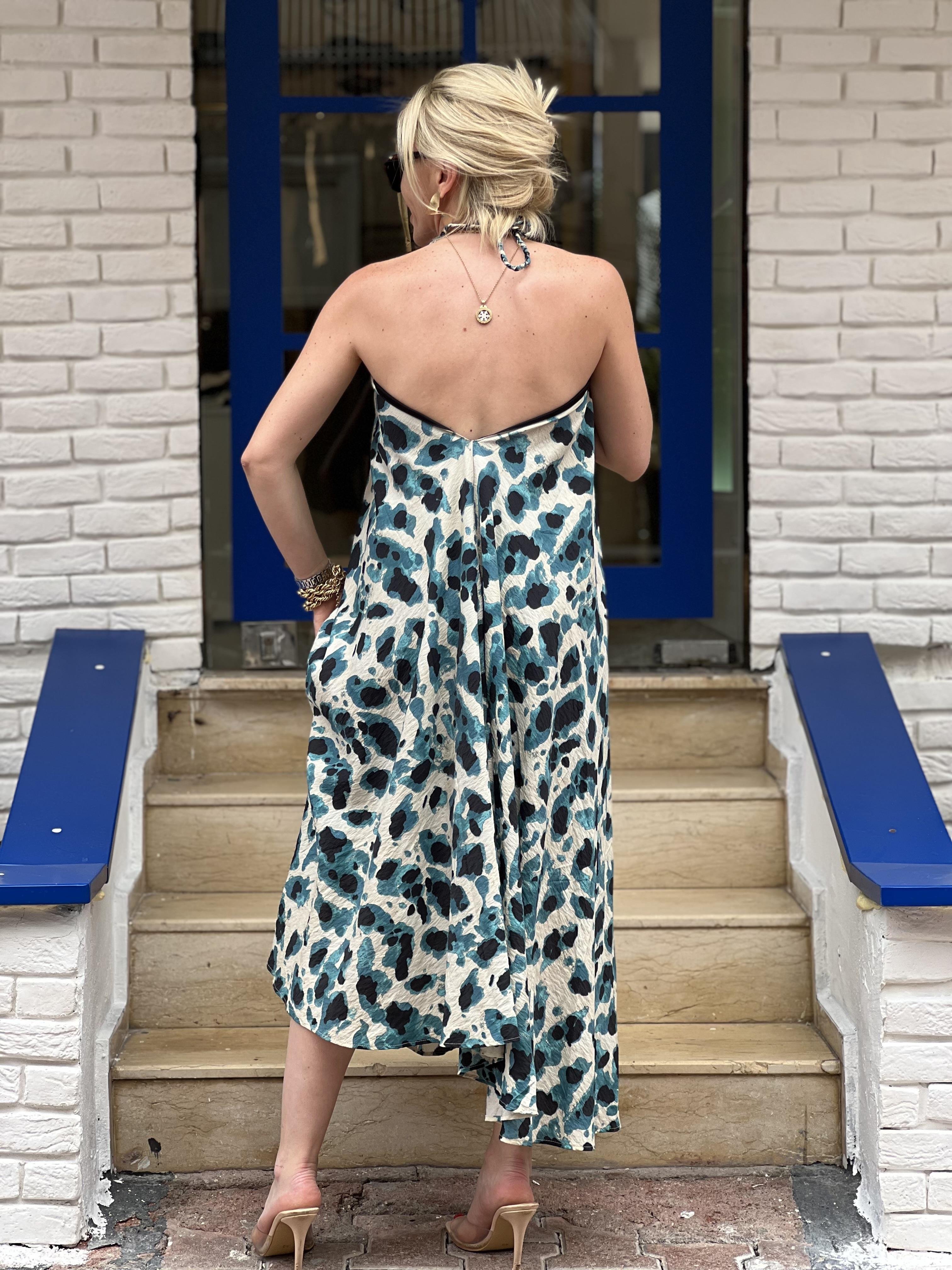 LEOPAR MAVİ DESEN ELBİSE