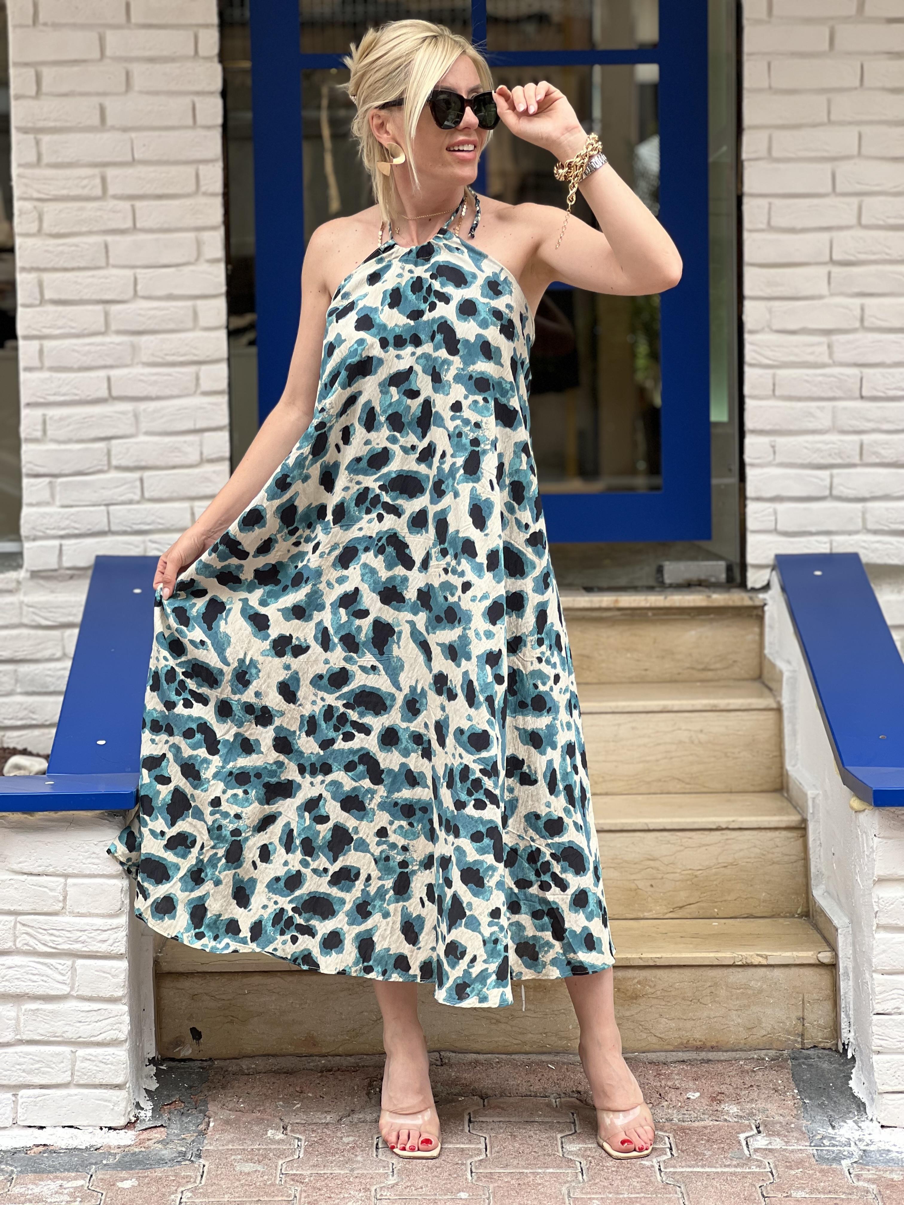 LEOPAR MAVİ DESEN ELBİSE