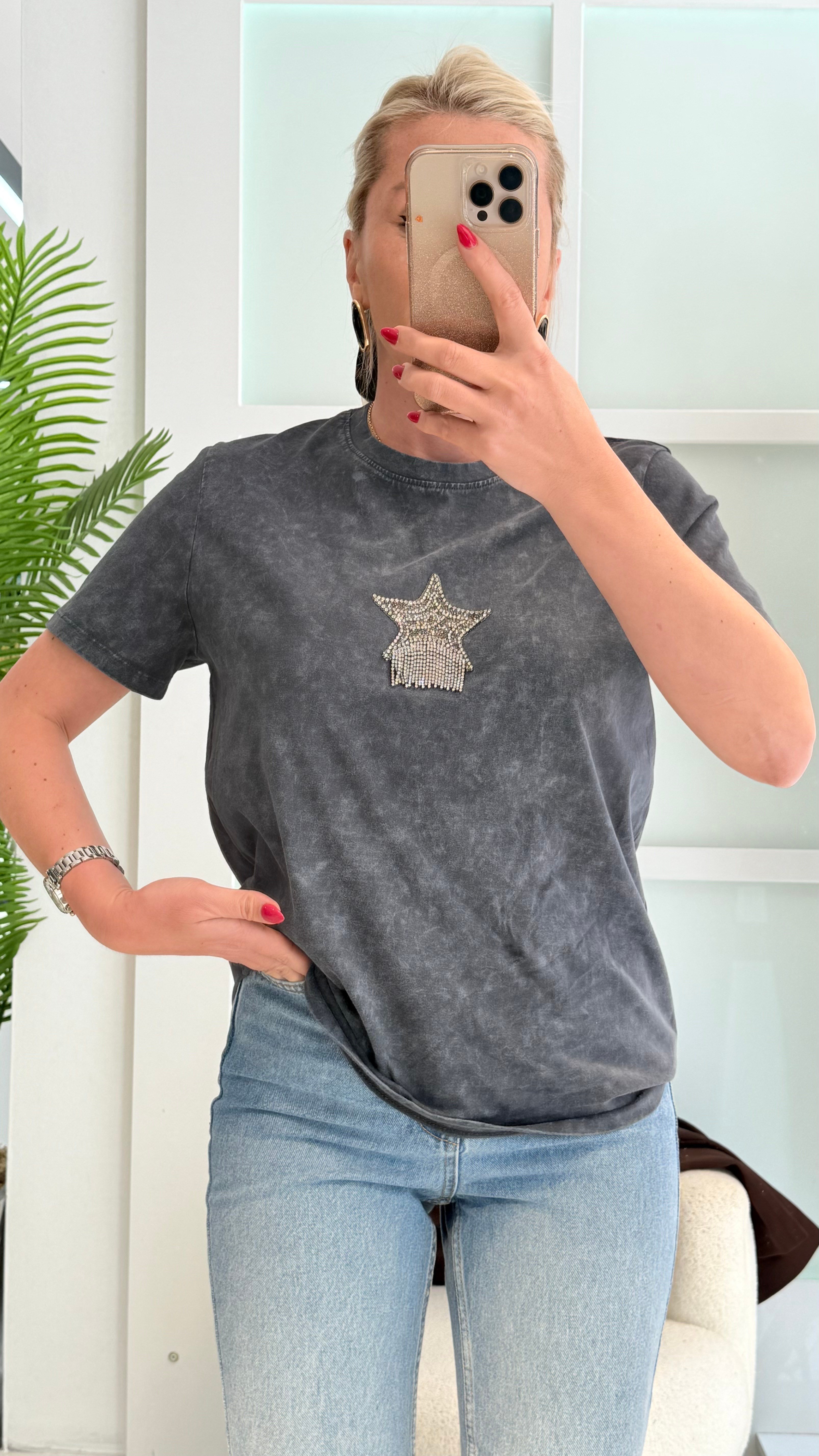 MİNKS YILDIZ TAŞLI ANTRASİT GRİ TSHRT 