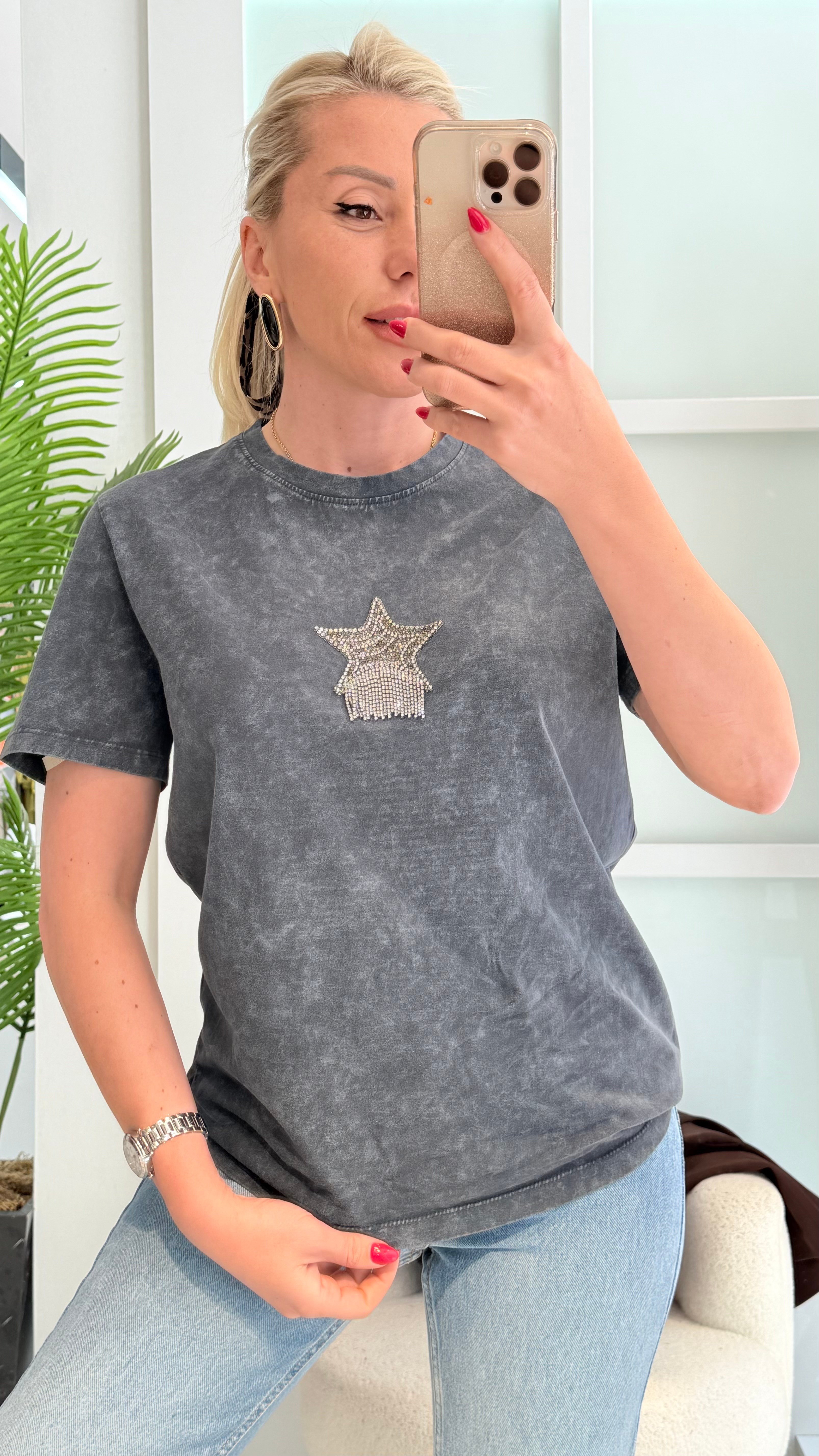 MİNKS YILDIZ TAŞLI ANTRASİT GRİ TSHRT 