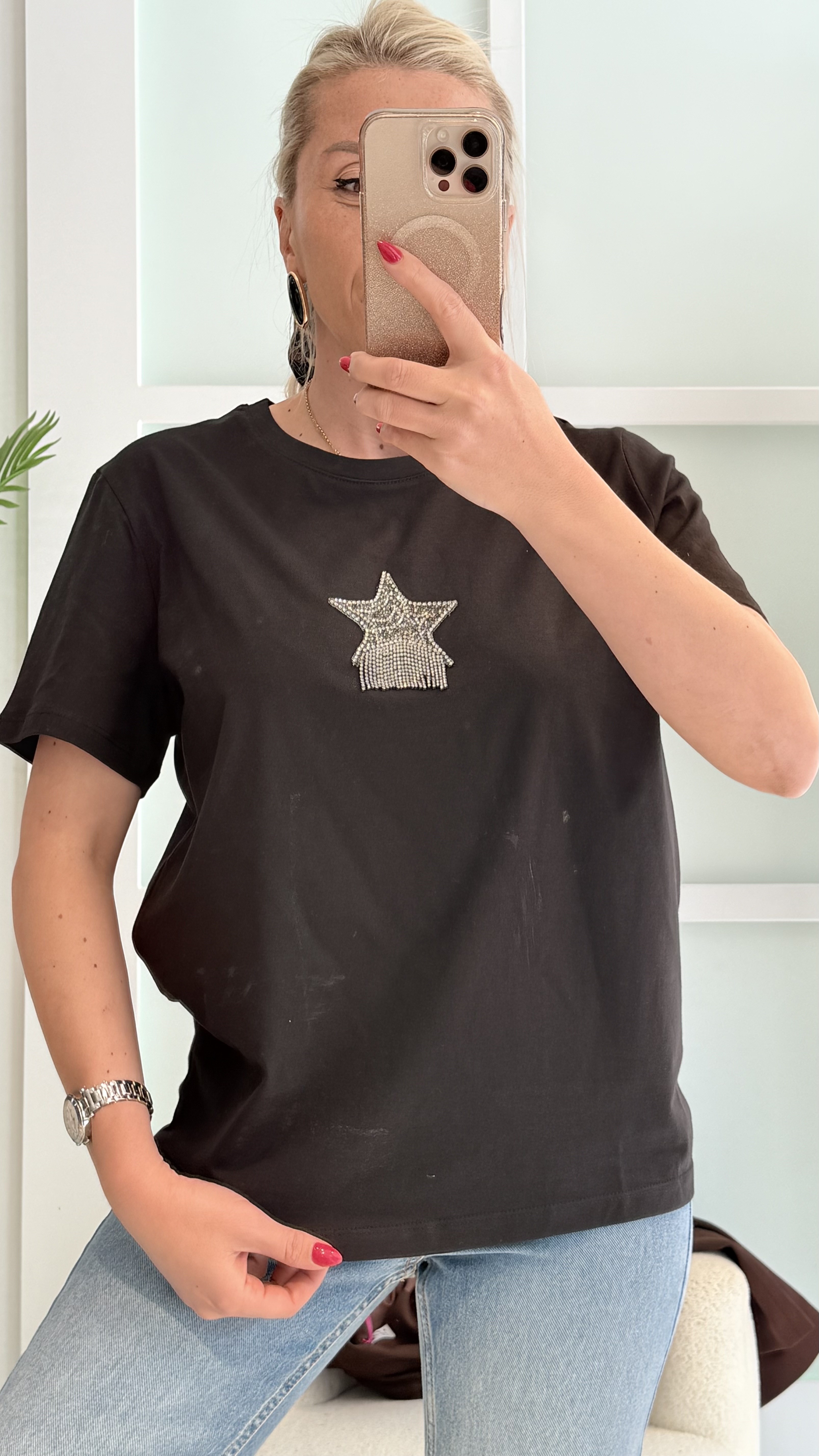 MİNKS YILDIZ TAŞLI SİYAH TSHRT 