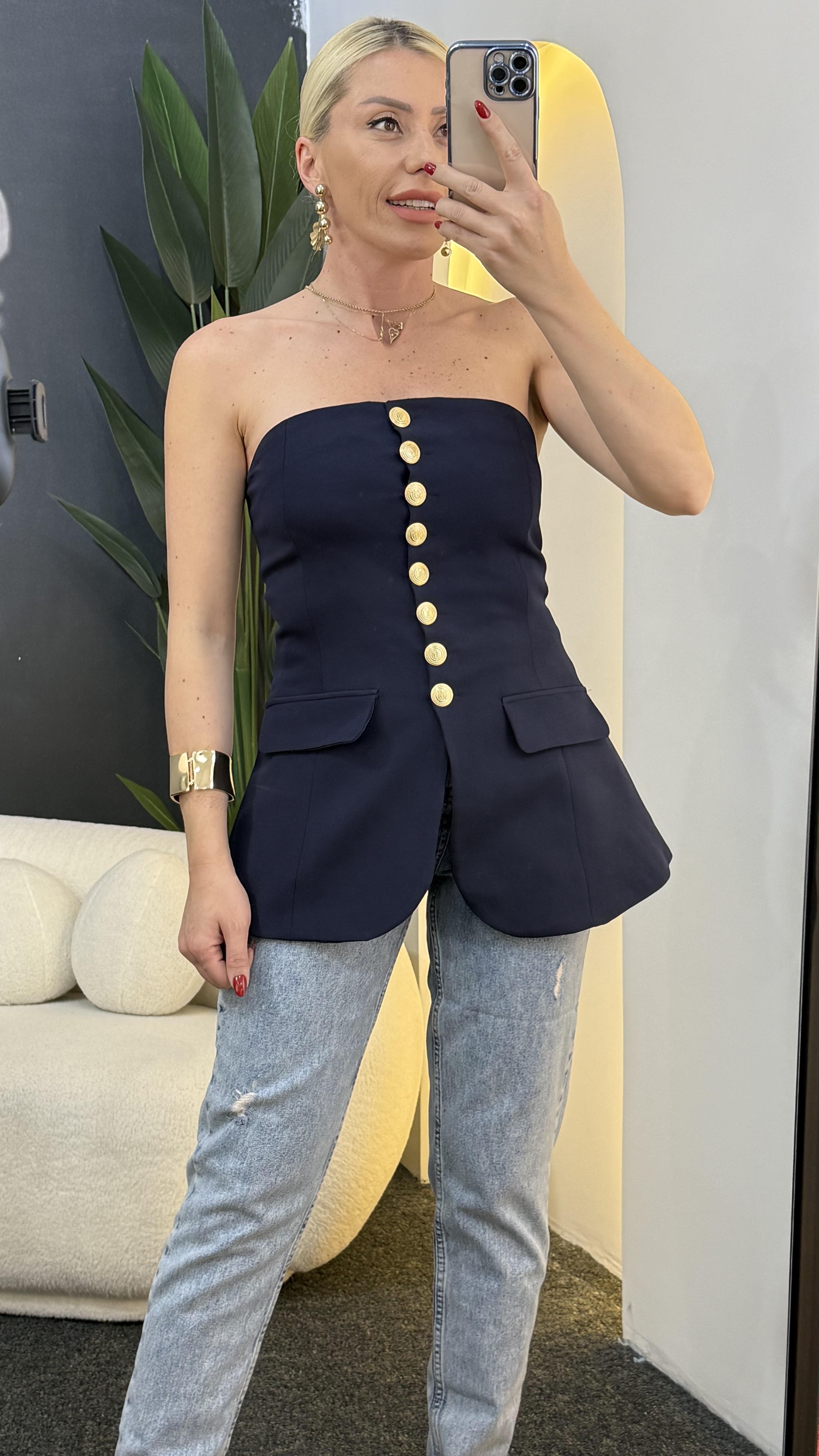 MONİ LACİVERT GOLD DÜĞMELİ STRAPLEZ YELEK