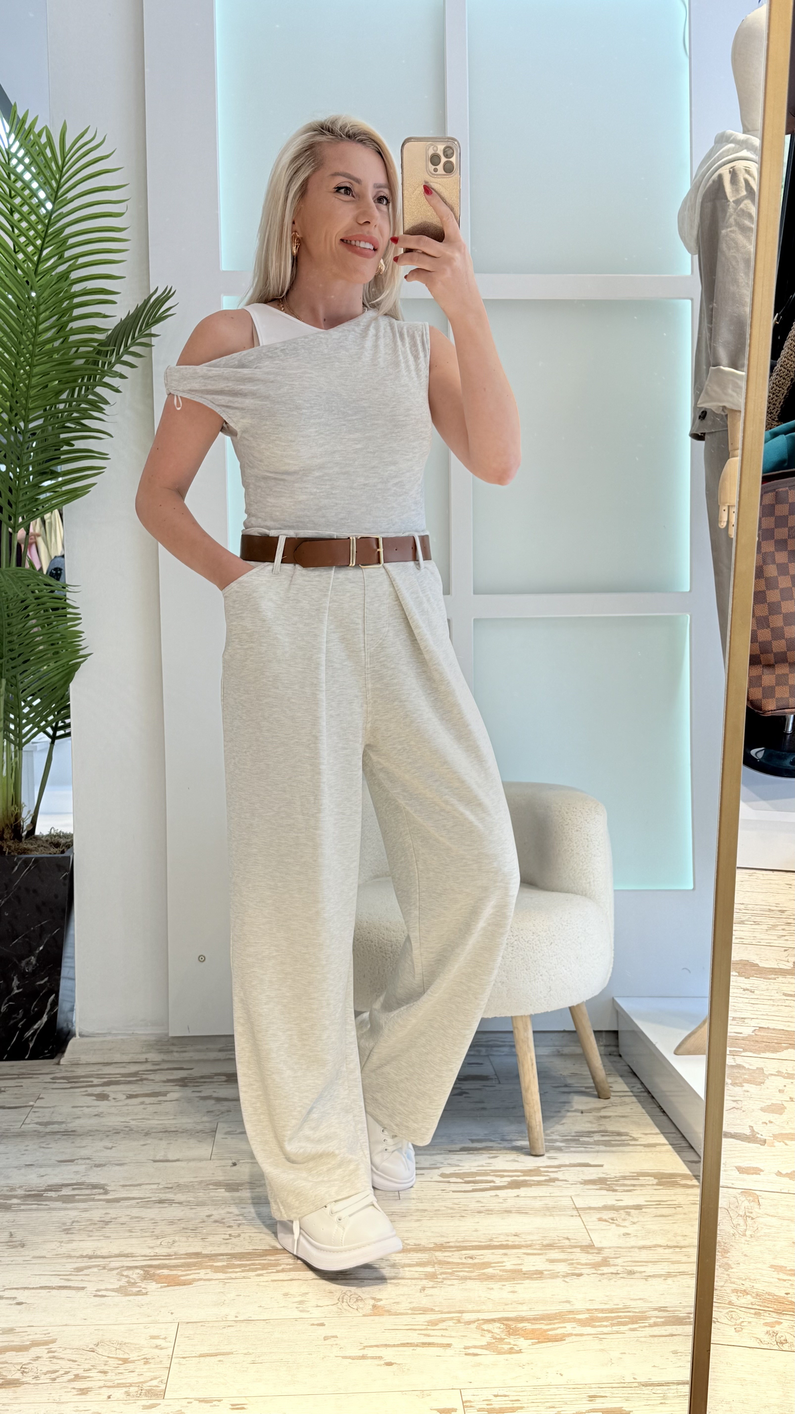 OLİNS GRİ OMZU DÜŞÜK TSHRT 