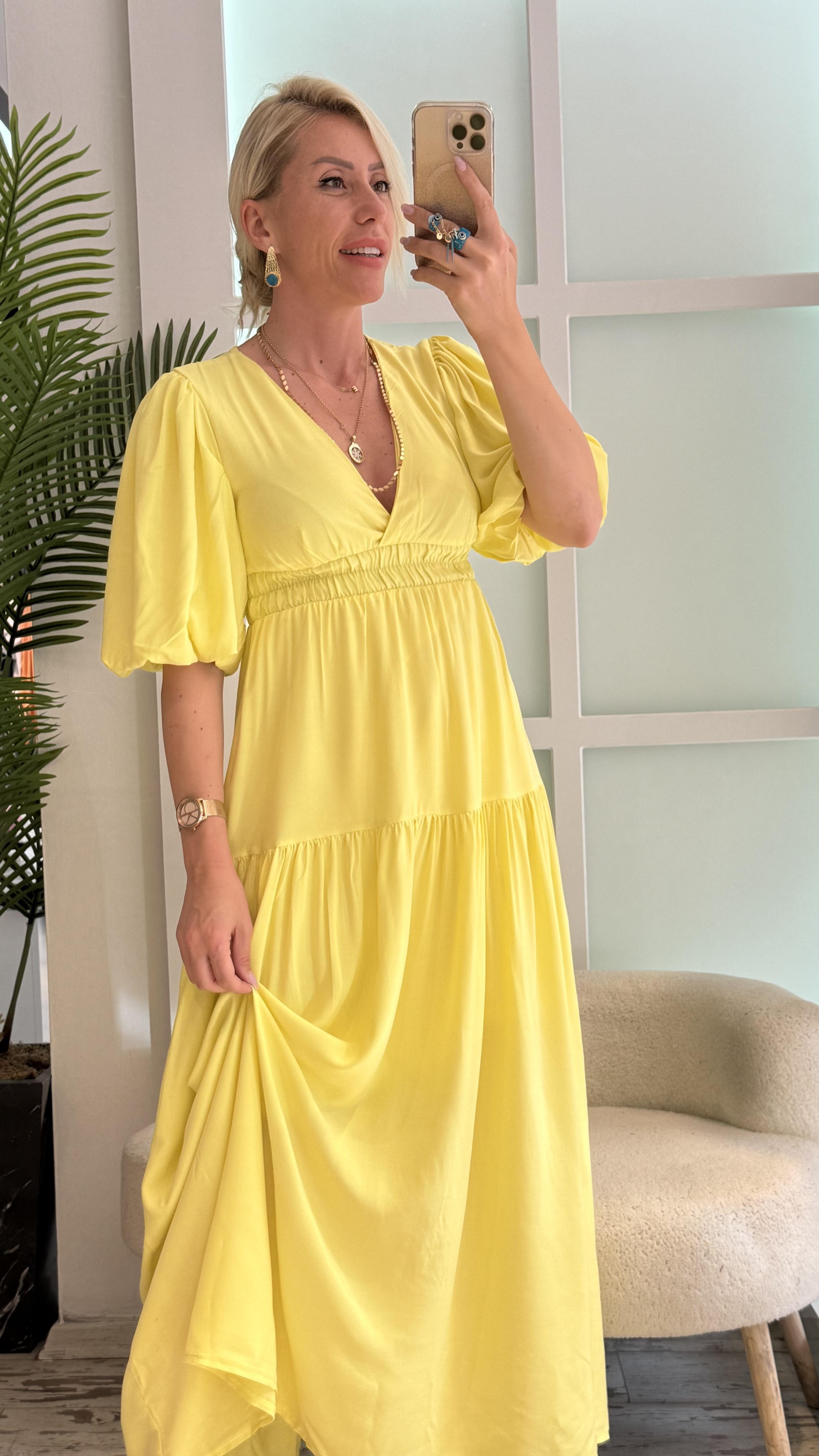 PATRİCİA BALON KOL SARI ELBİSE