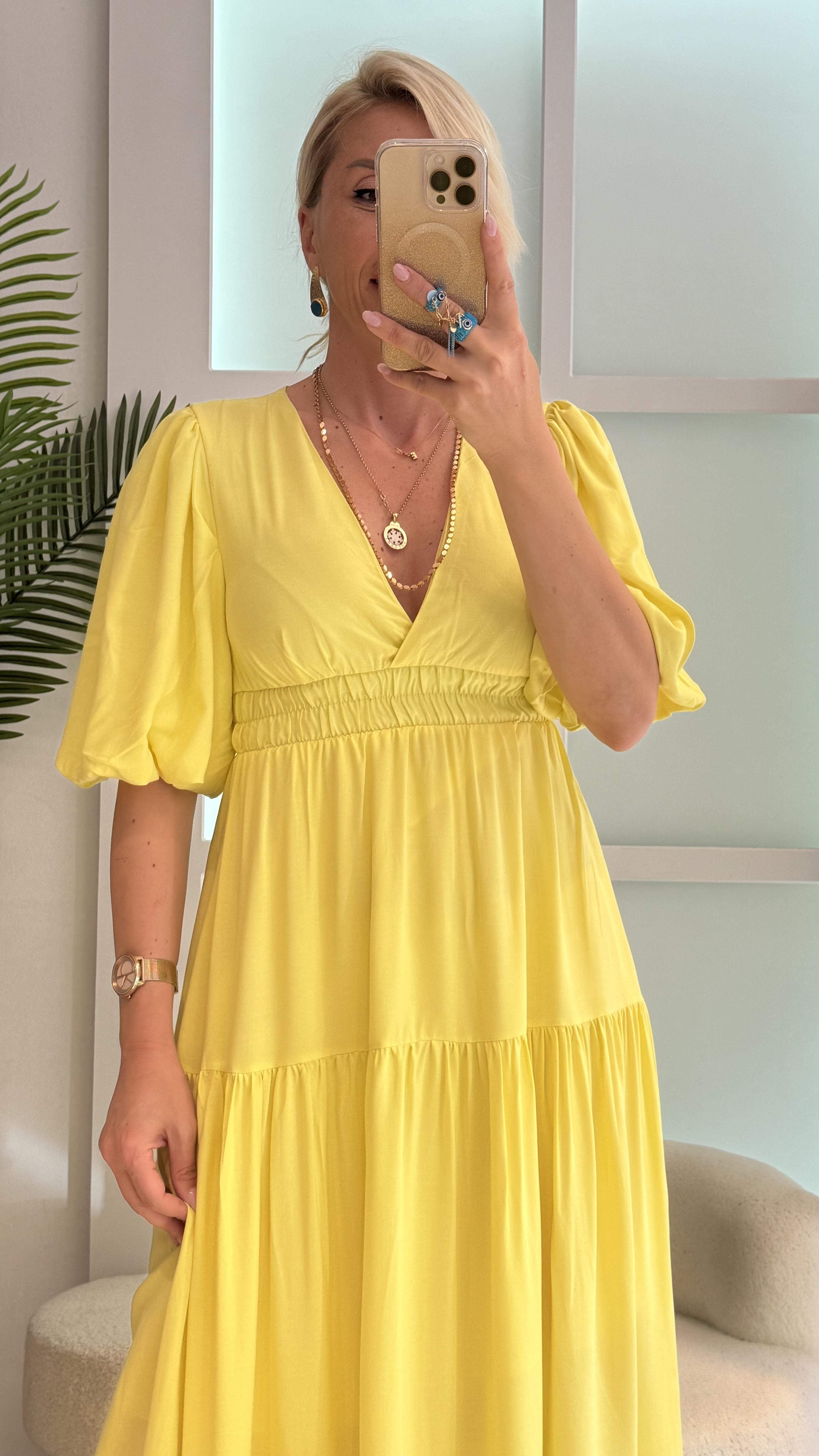 PATRİCİA BALON KOL SARI ELBİSE