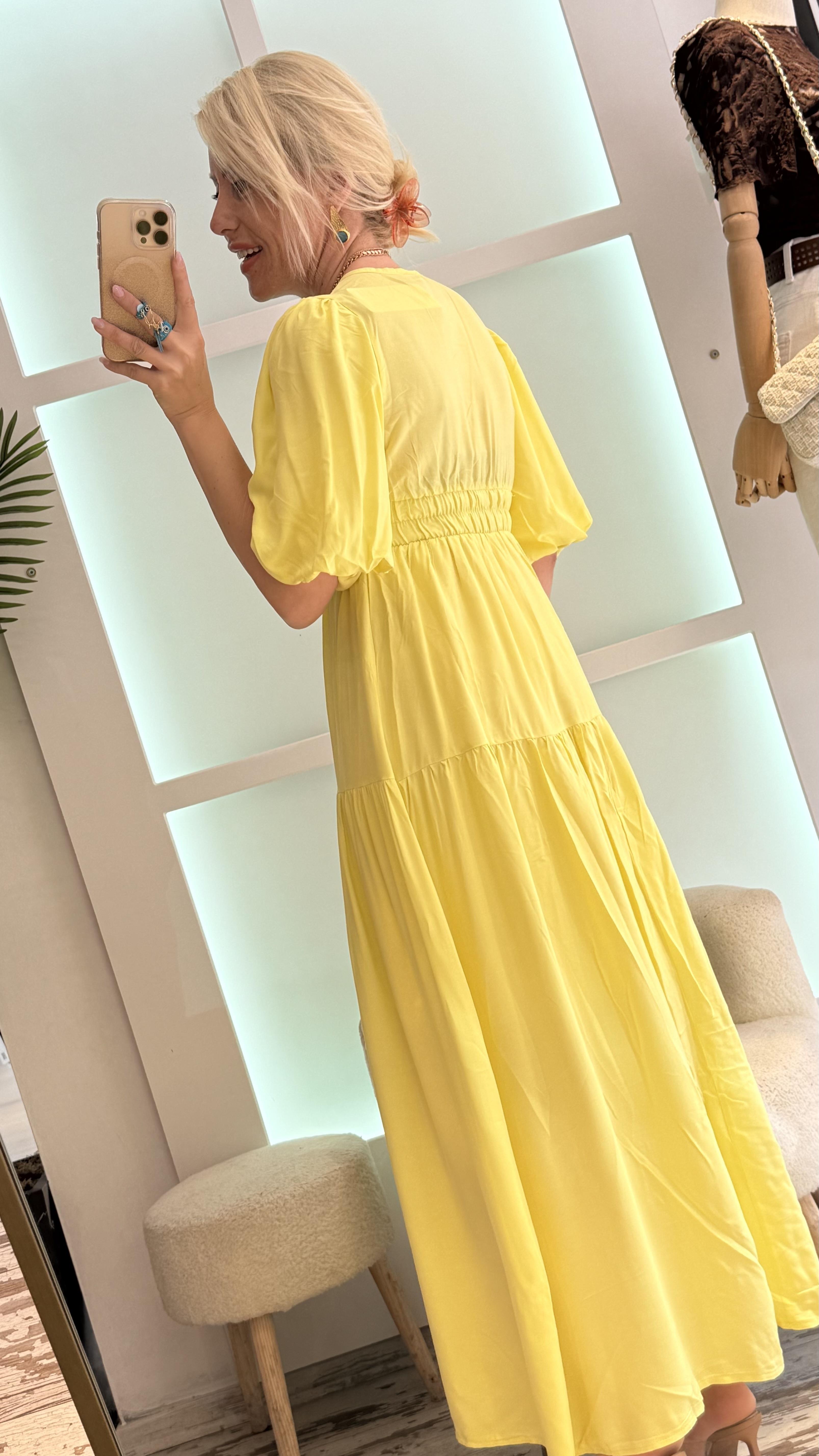 PATRİCİA BALON KOL SARI ELBİSE