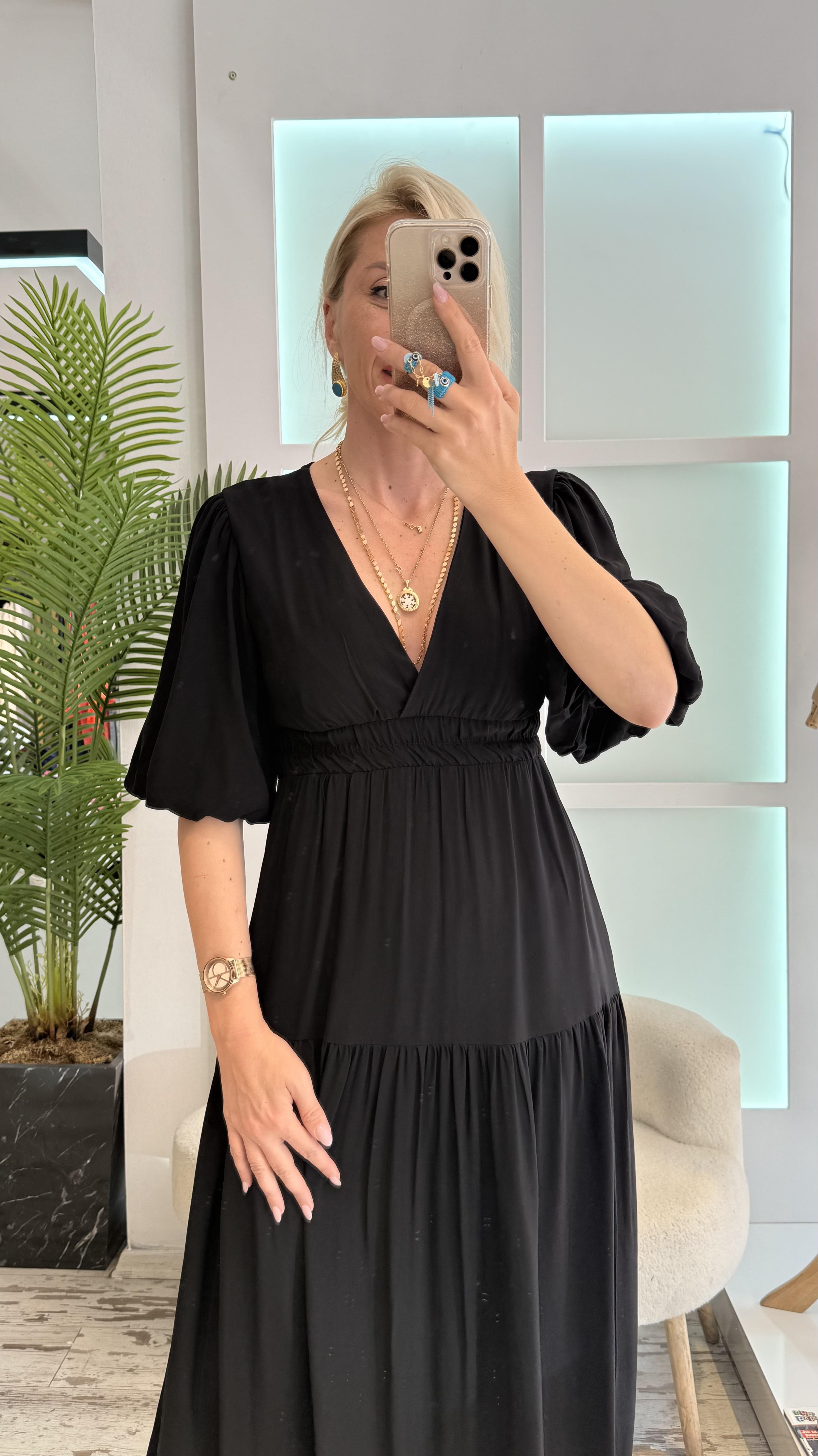 PATRİCİA BALON KOL SİYAH ELBİSE