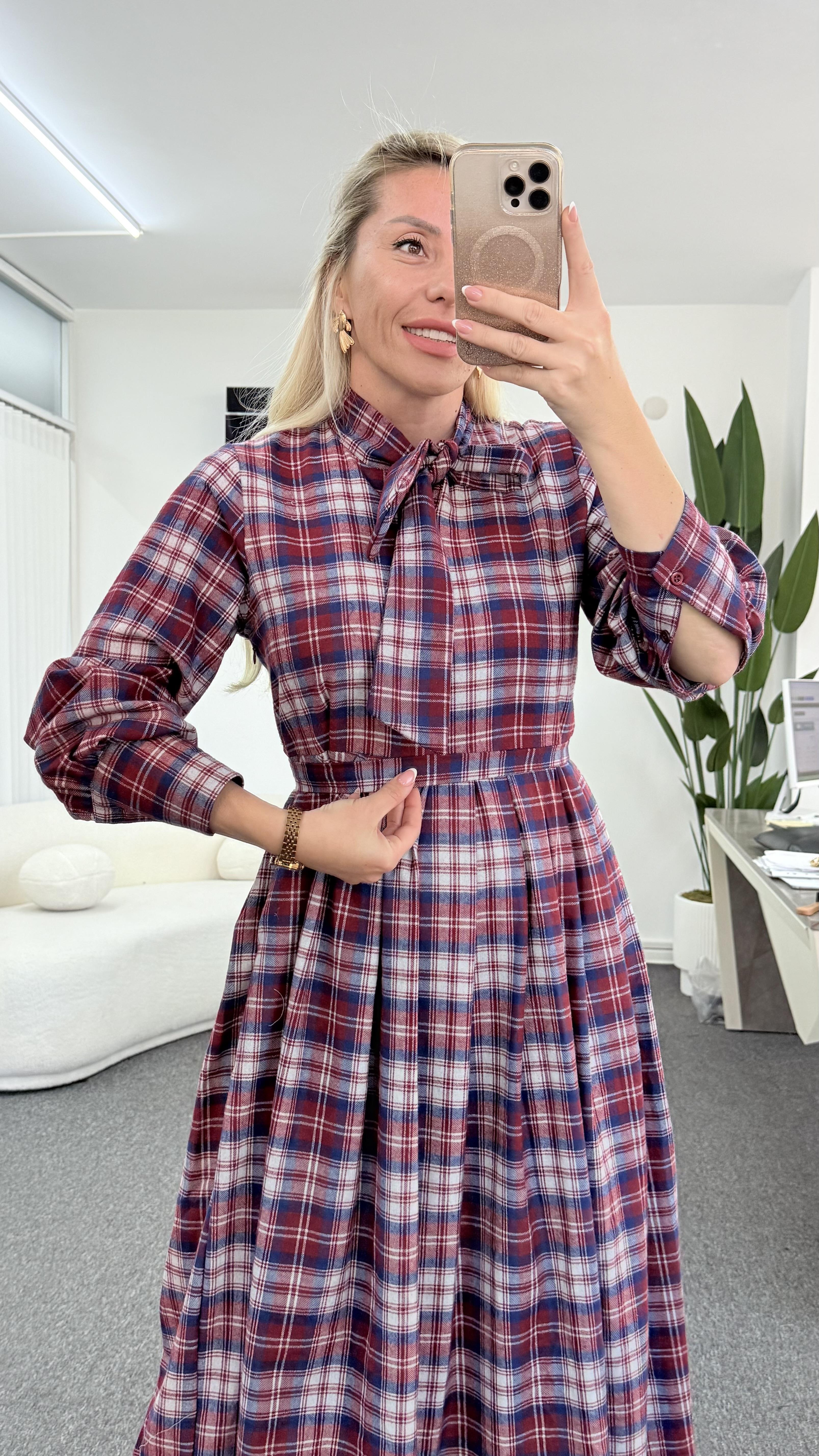 RELLE EKOSE BORDO ELBİSE 