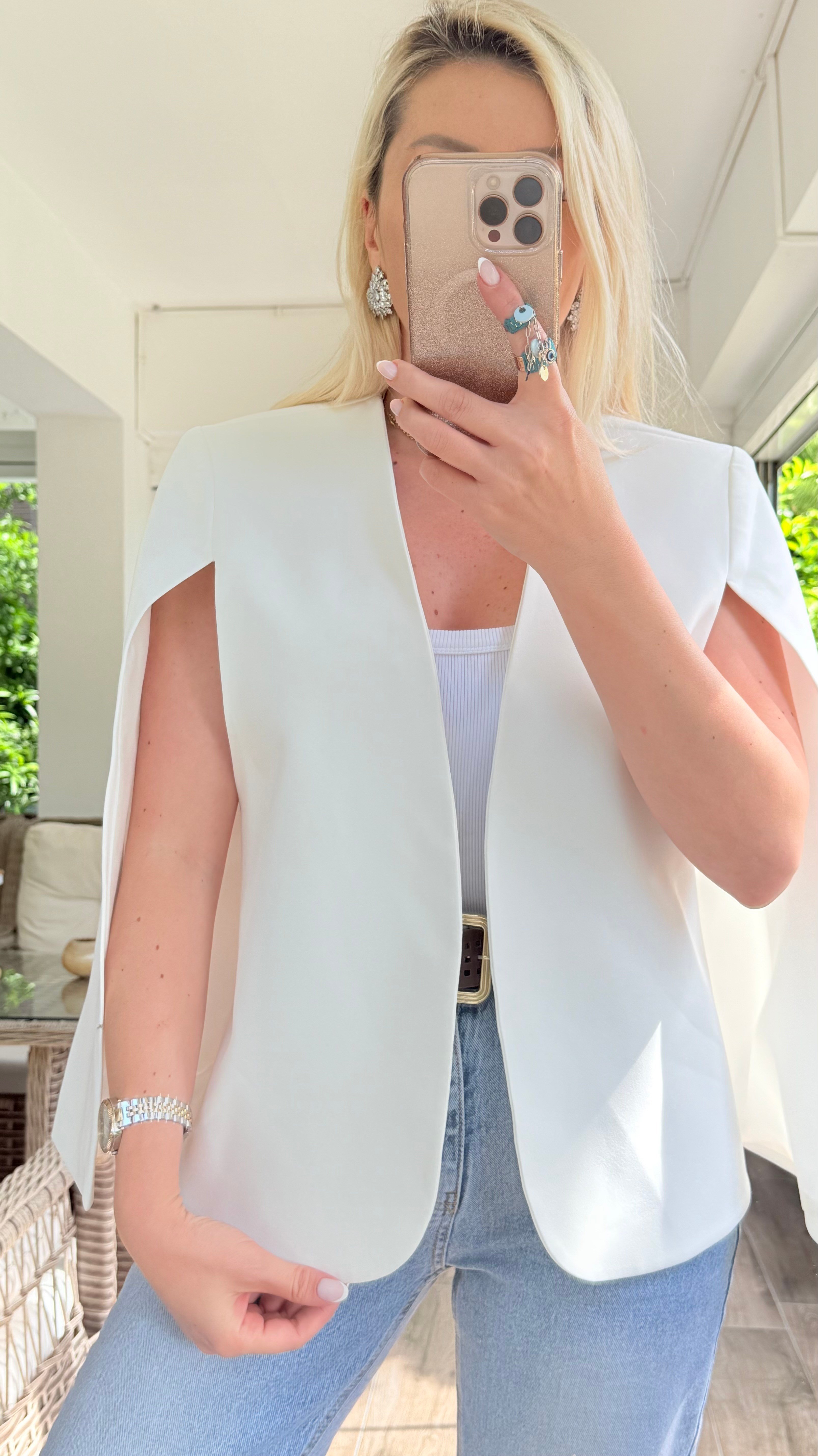 REYNİ BEYAZ PELERİN BLAZER CEKET 