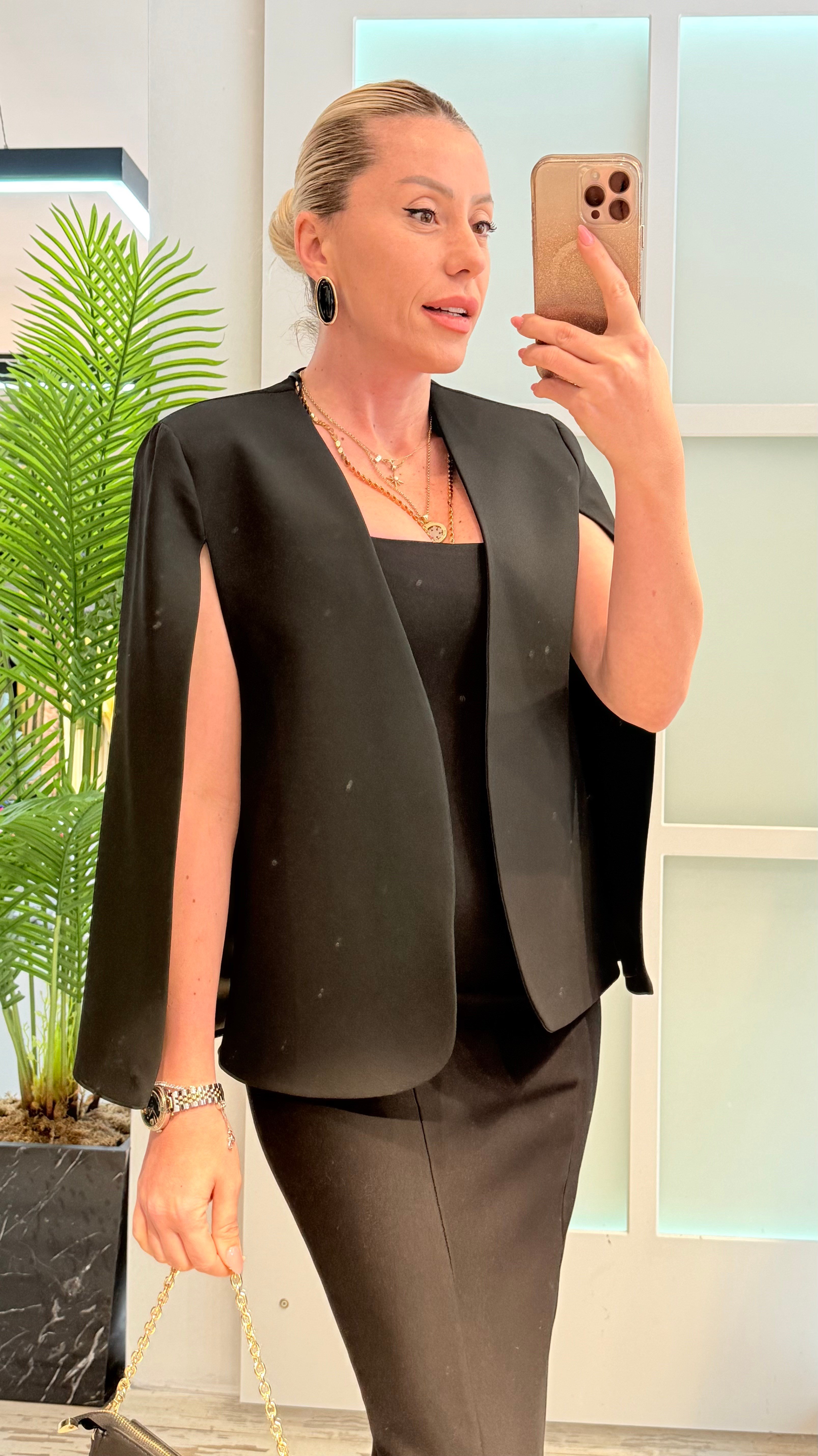 REYNİ SİYAH PELERİN BLAZER CEKET 