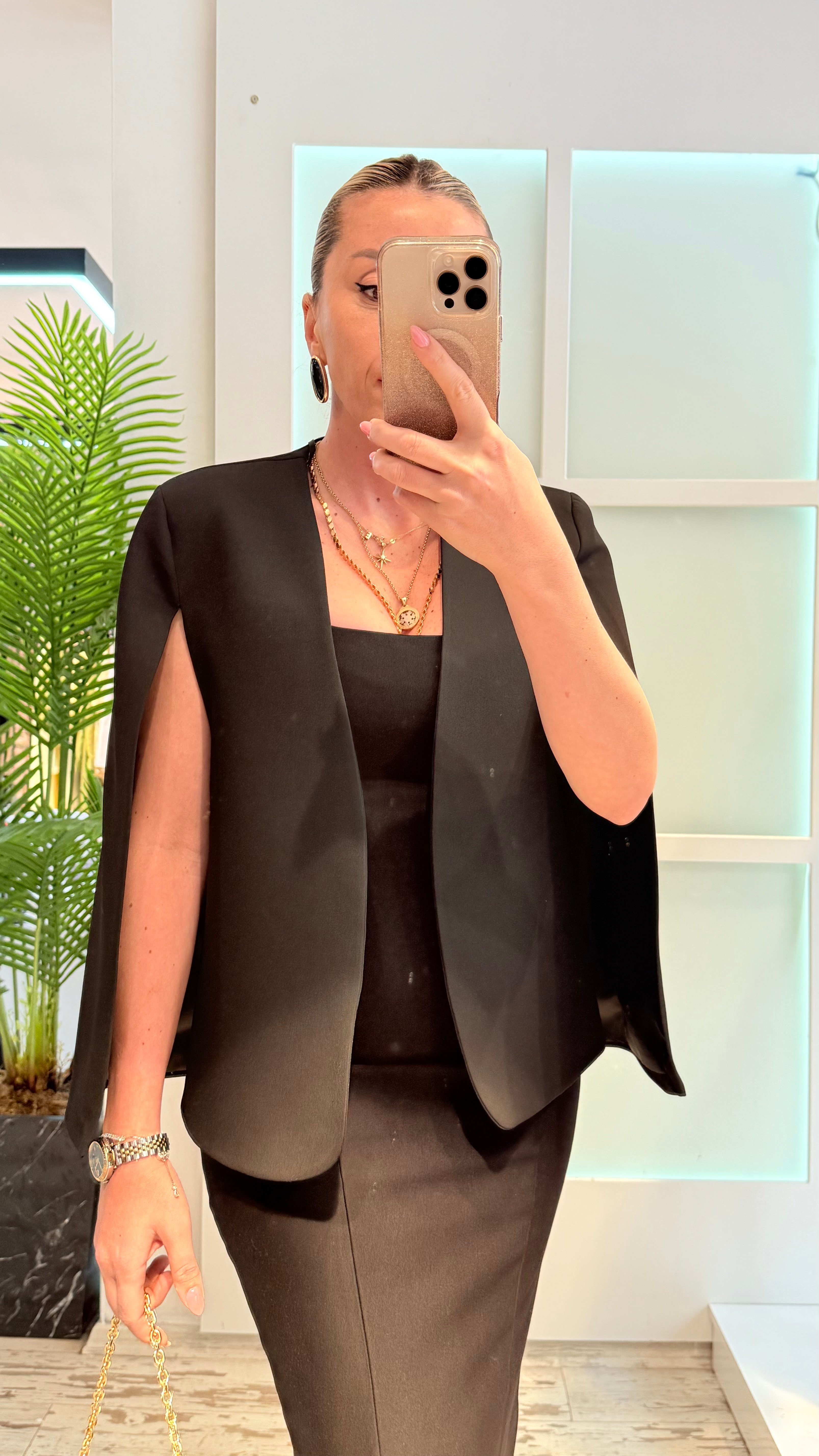 REYNİ SİYAH PELERİN BLAZER CEKET 