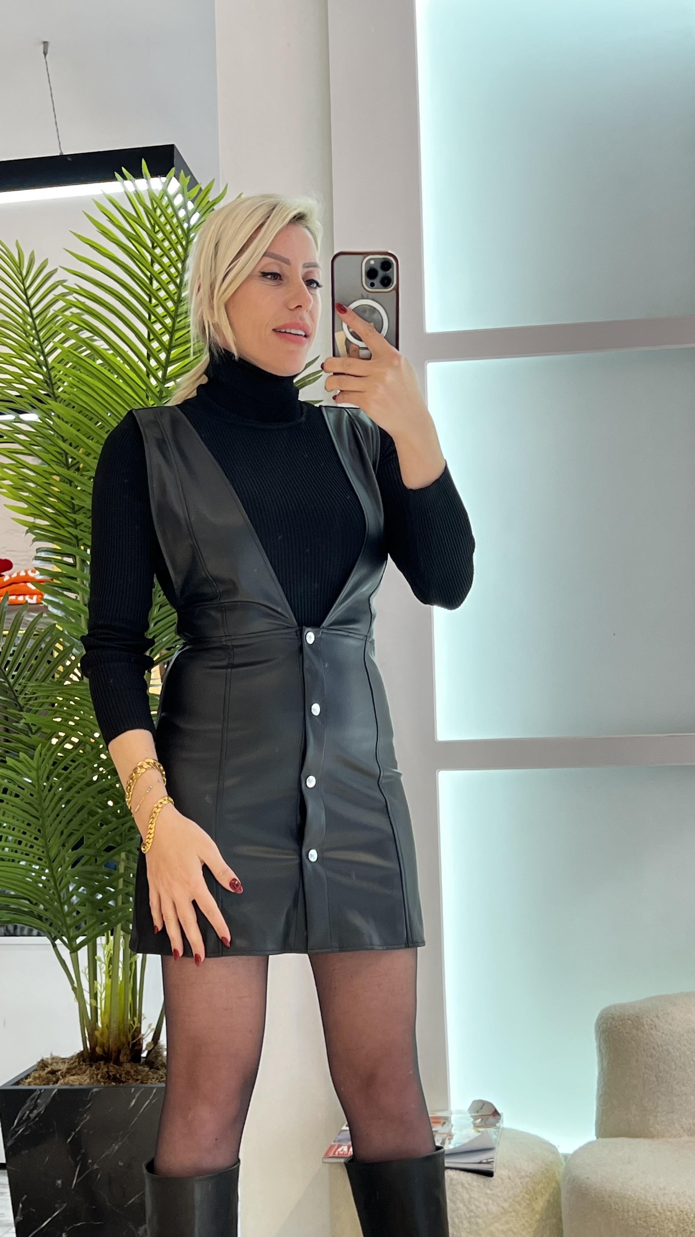 SNK SİYAH DERİ SALOPET ELBİSE
