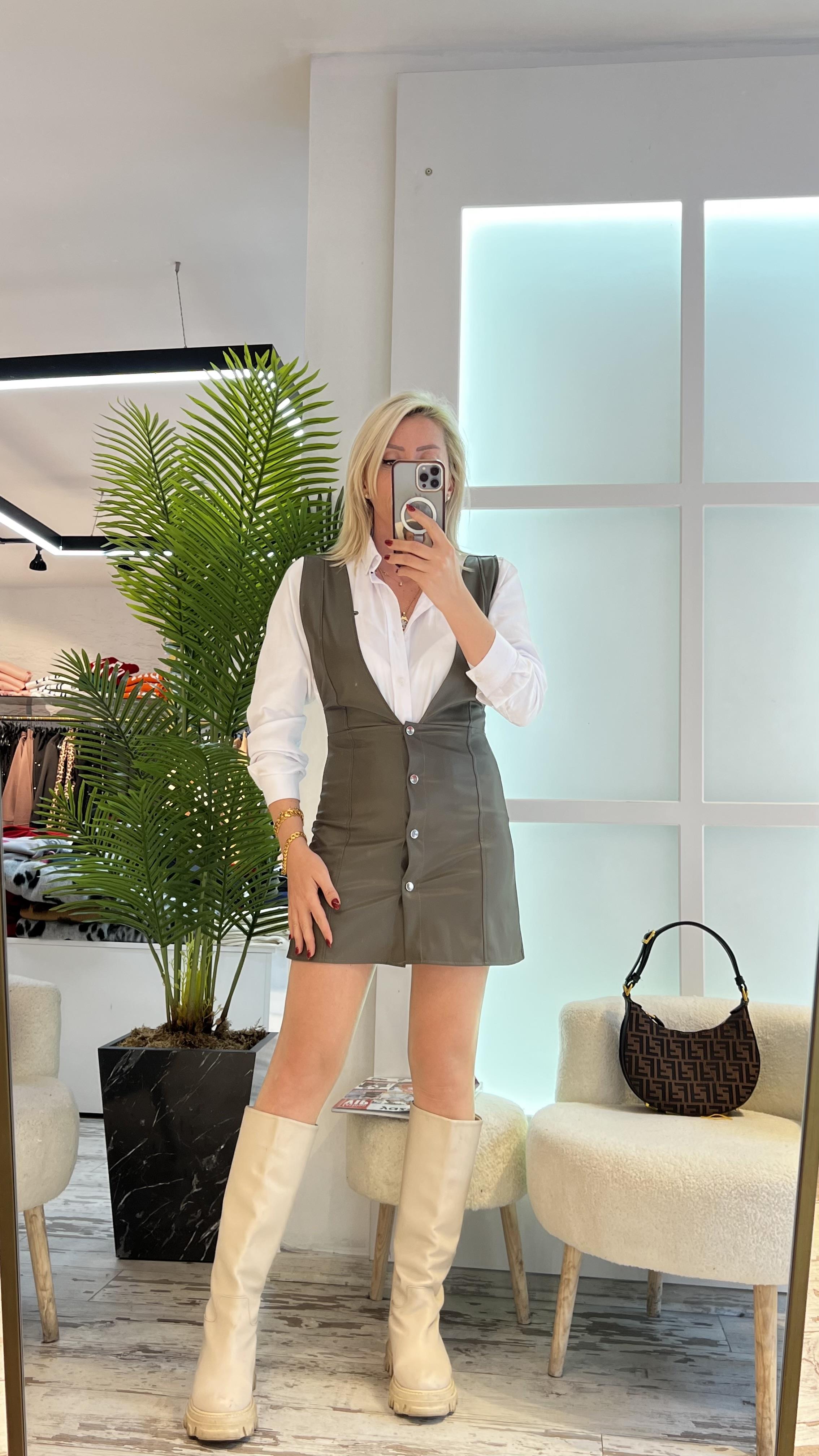 SNK YEŞİL DERİ SALOPET ELBİSE