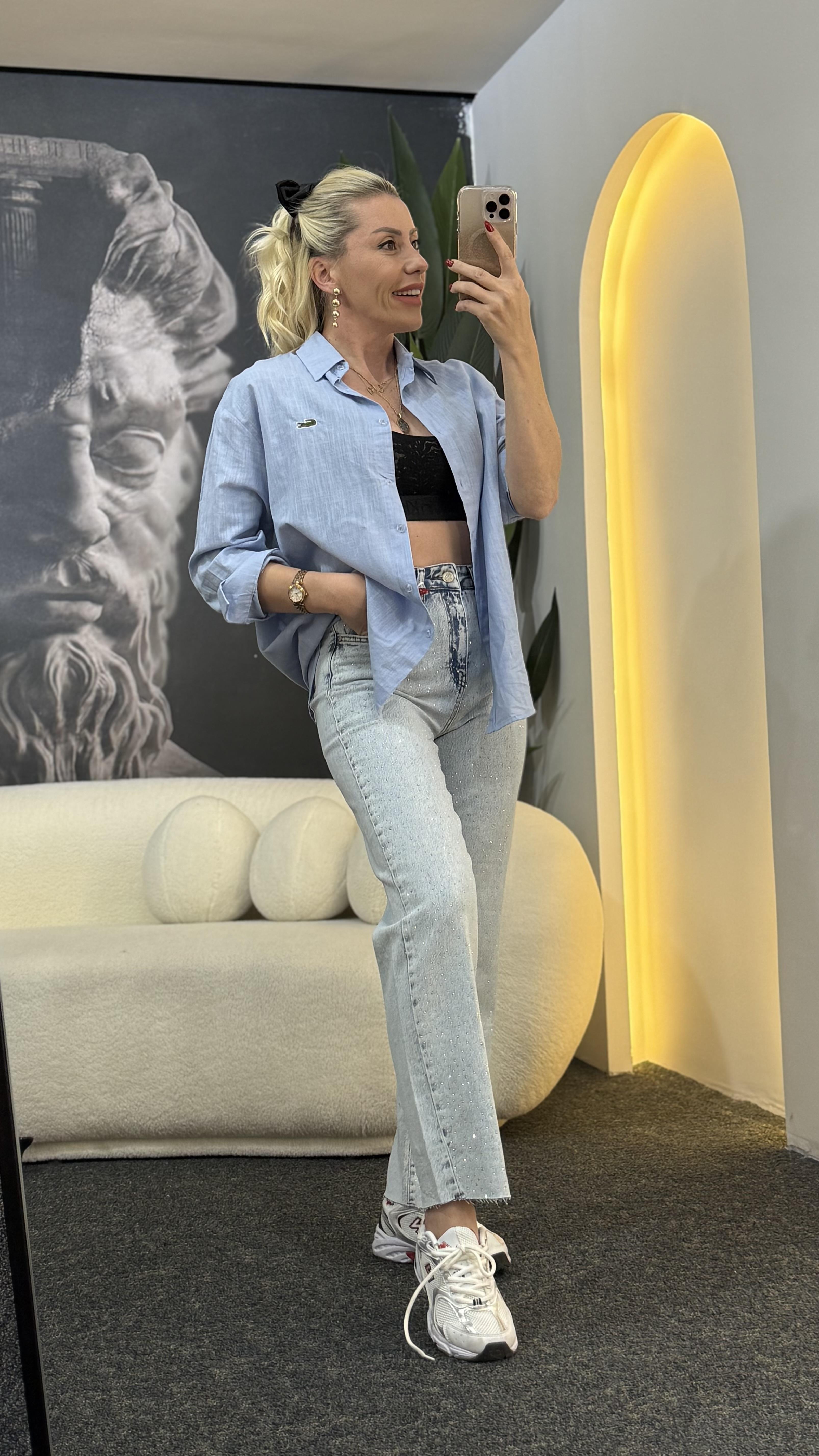 TRUE MAVİ KETEN GÖMLEK