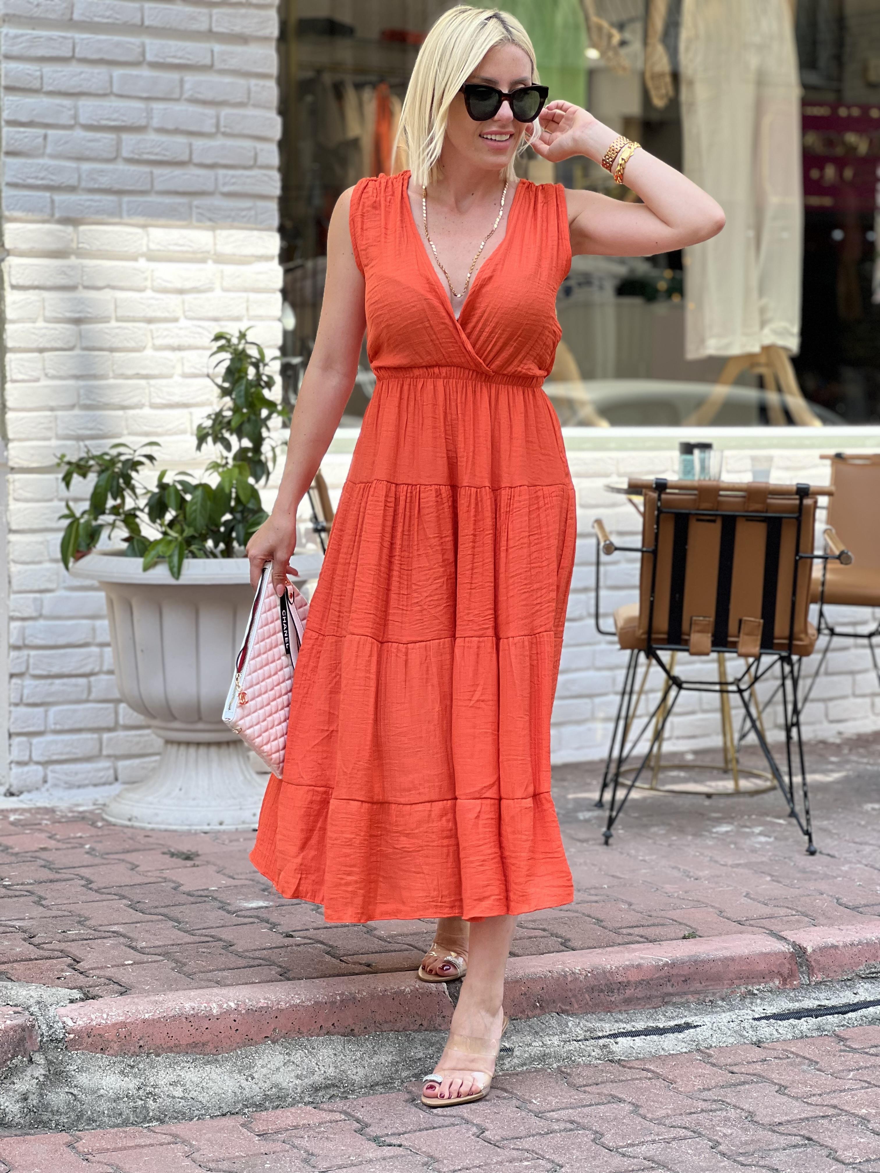 SHOULDER TURUNCU KOLSUZ ELBİSE 