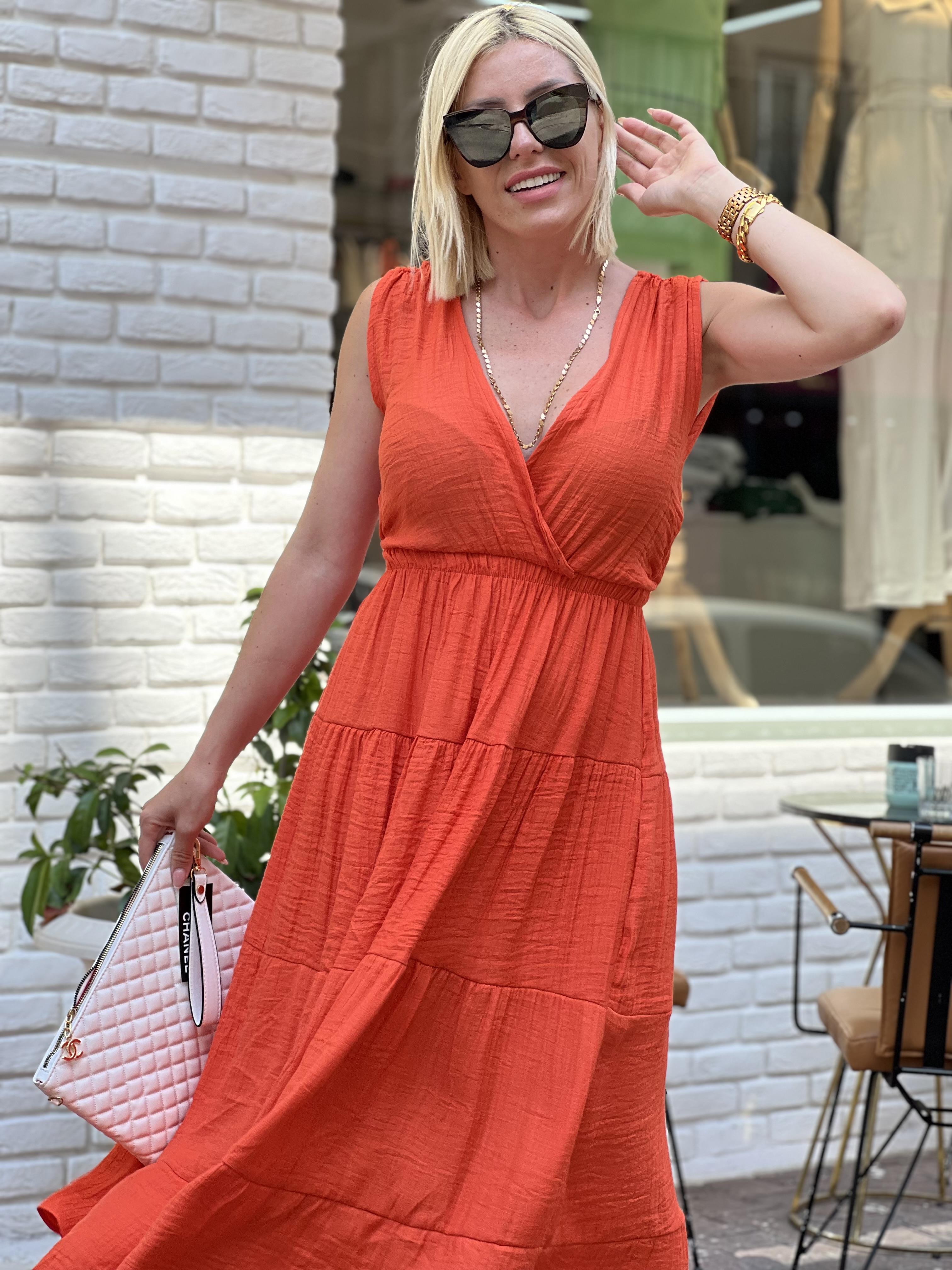 SHOULDER TURUNCU KOLSUZ ELBİSE 