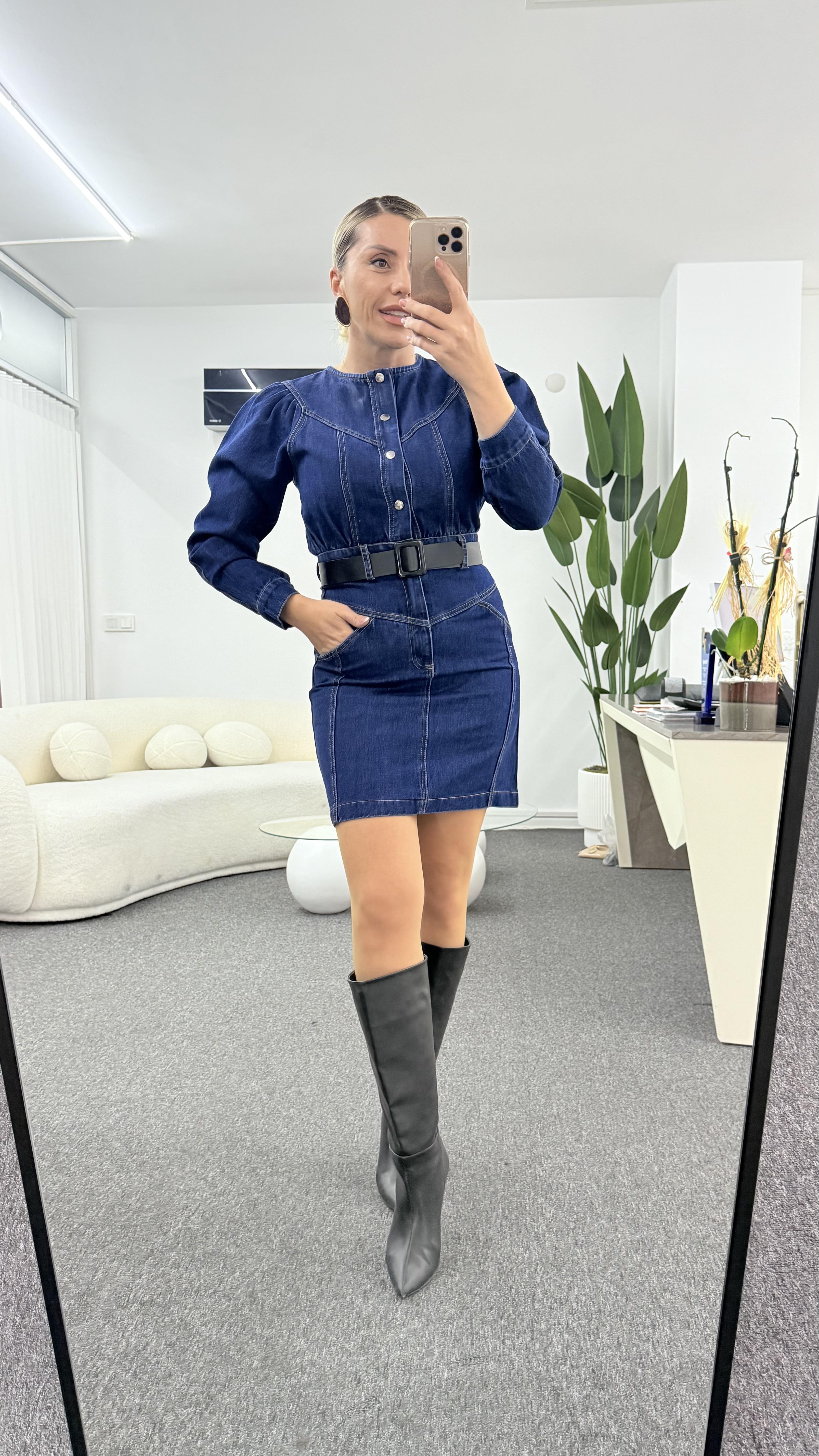 VENESSA KEMERLİ KOYU KOT ELBİSE