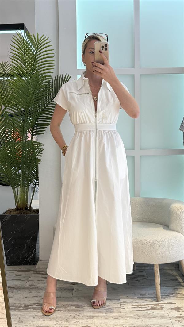 BEYAZ FERMUAR DETAYLI GÖMLEK ELBİSE