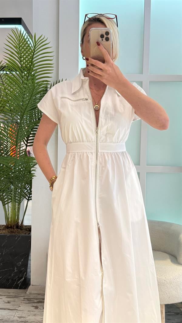 BEYAZ FERMUAR DETAYLI GÖMLEK ELBİSE