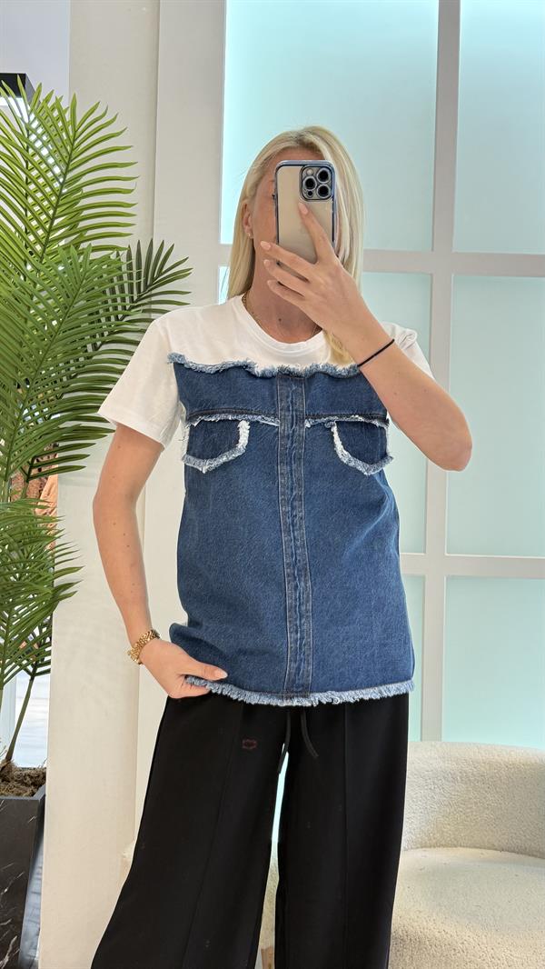 BEYAZ KOT DETAY TSHIRT