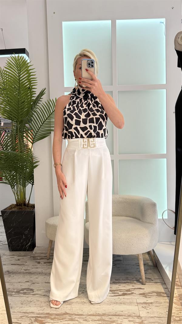 BOYUNDAN BAĞLAMALI MİLKA DESEN SİYAH SATEN BODY