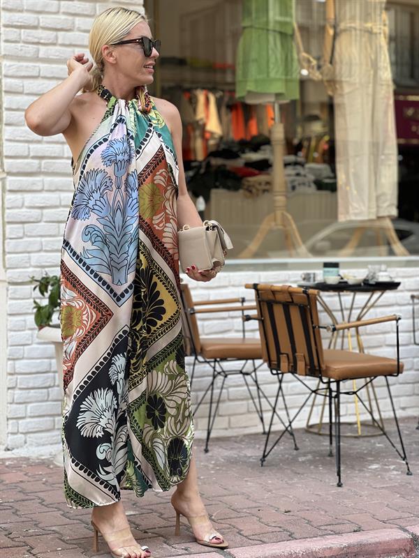 PATTERNED BOYUNDAN BAĞLAMALI RENKLİ ELBİSE 