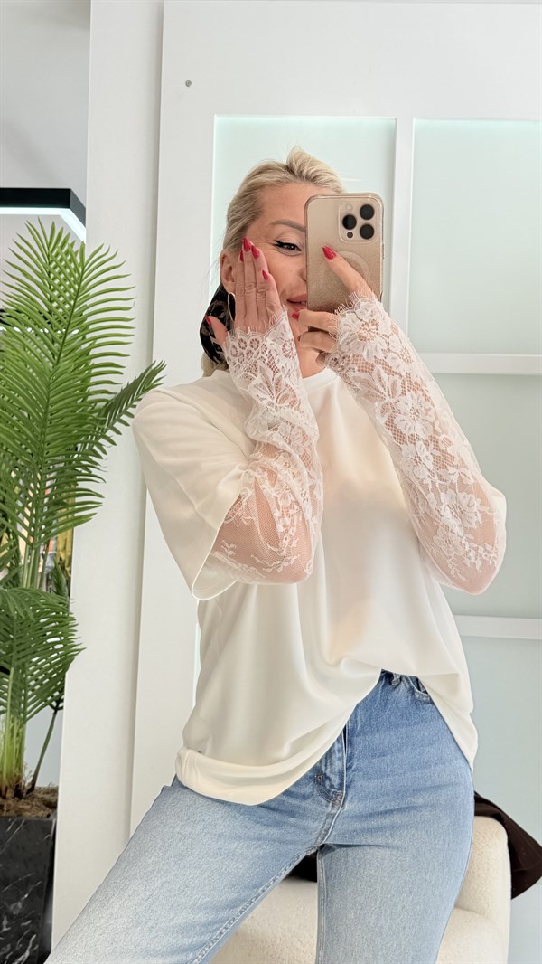 BULYY BEYAZ DANTEL KOL TSHRT 