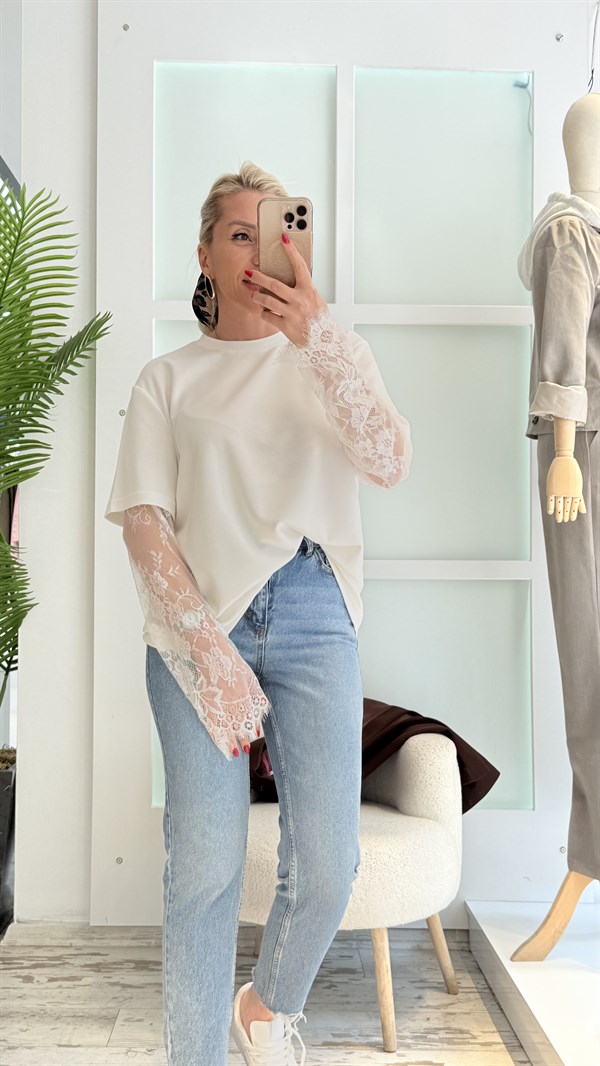 BULYY BEYAZ DANTEL KOL TSHRT 