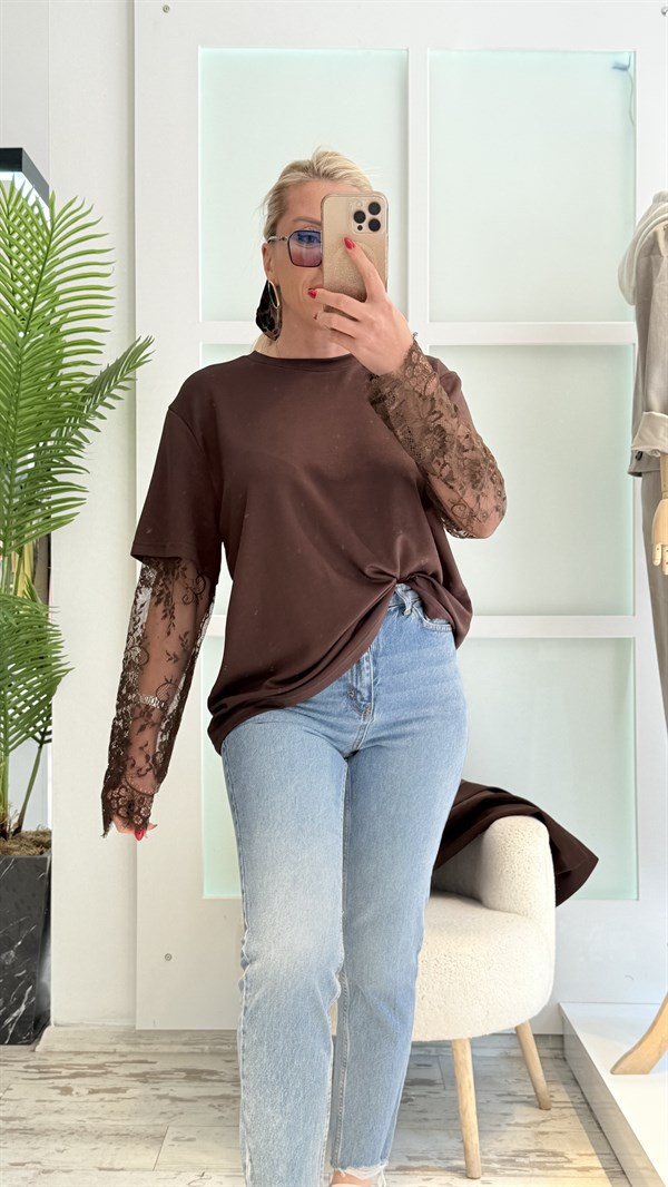 BULYY KAHVERENGİ DANTEL KOL TSHRT 