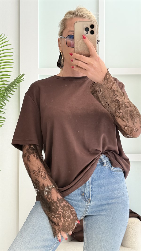 BULYY KAHVERENGİ DANTEL KOL TSHRT 