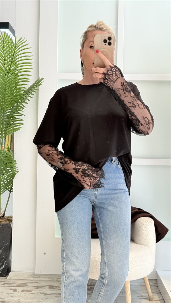 BULYY SİYAH DANTEL KOL TSHRT 