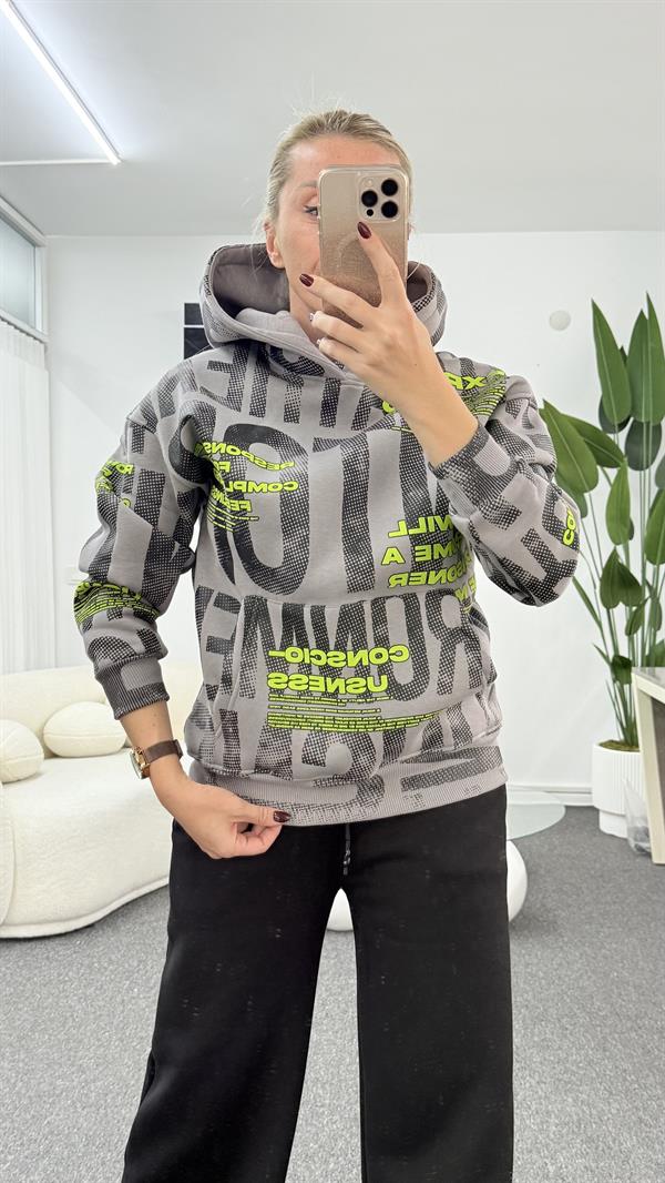 ÇAYNİ NEON YEŞİL YAZILI GRİ SWEATSHIRT