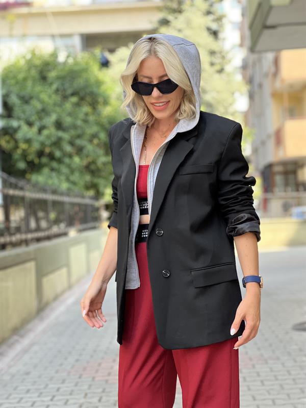 CLEAR KAPÜŞONLU SİYAH BLAZER CEKET
